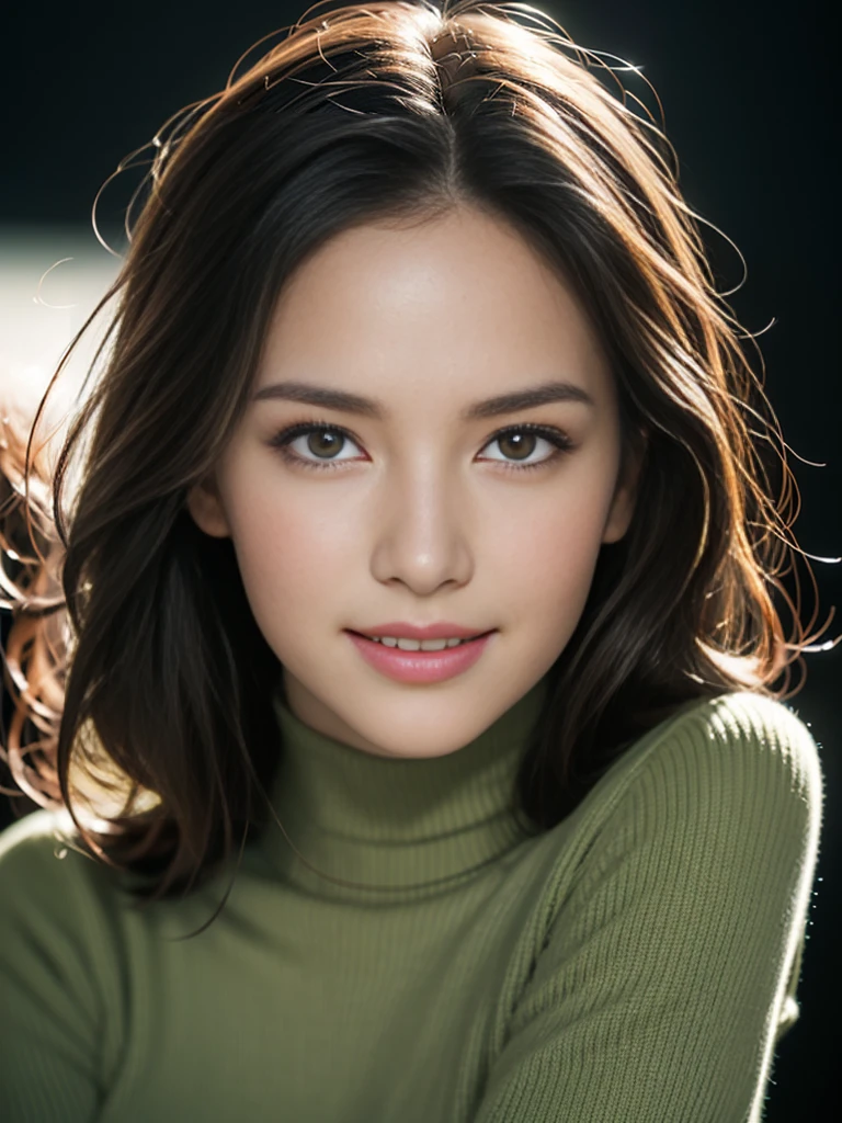 (masterpiece, best quality:1.2), (8k uhd, 16k, 32k, ultra high res), (photorealistic:1.37), (RAW photo), ultimate-realistic, ultimate-realistic details, ultimate-realistic texture, ultimate-intricate details, ultimate-realistic lighting, ultimate-realistic shadow, japanese girl, 24yo, ultimate-cute face, ultimate-RAW skin, ultimate-eyes, from Illustration by Luis Royo come to realistic photograph. Black background. ((Quite a bit body)), A beautiful woman with long brown hair, sneering smile, She wears a black cropped turtleneck, big breasts, rounded hips, and a pair of olive green skinny jeans. Her hair is soaking wet.