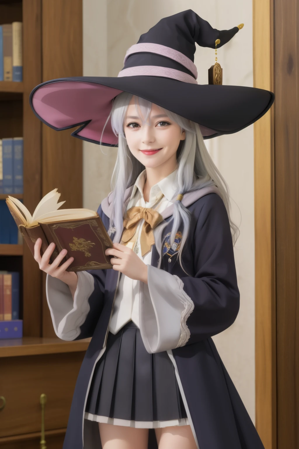 Masterpiece, hd
elaina, witch, wizard, elaina \(majo no tabitabi\), cosplay, 1girl, solo, realistic
open robe, collared shirt, long sleeves, wide sleeves, pleated skirt, witch hat, bowtie, frilled skirt, 
jewelry, badge, smile
long hair, bangs, hair between eyes, grey hair, hair ribbon, hair bow, 
looking at viewer, cowboy shot, standing, 
Indoor, holding big book, spell book, brown book, holding book with 2 hands 