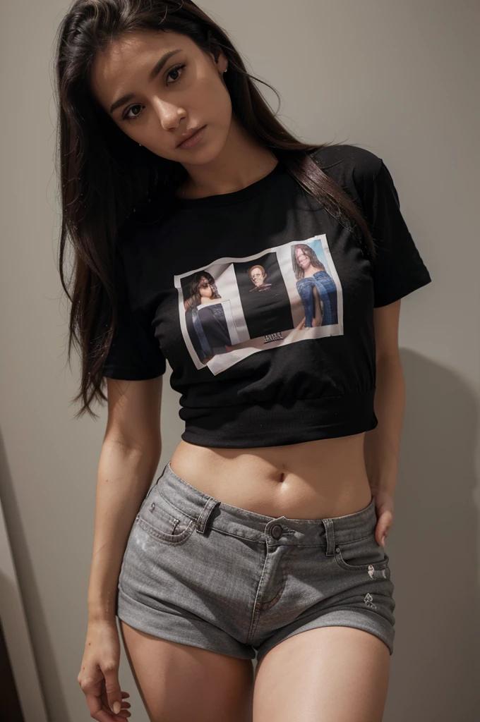 Mulher de 37 anos dentro de casa com um short preto, blusa branca com manga (very high resolution and image quality).