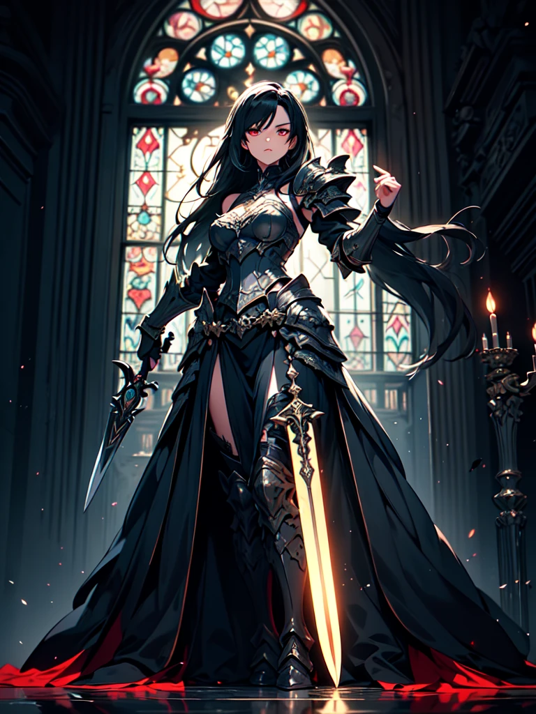 A breathtaking artwork of a female character of unimaginable beauty, set in a dark and opulent environment. The full-body view reveals an impressive figure, exuding an aura of power and mystery. She wears black and gold clothes, radiating a luxurious darkness. Her armor is detailed and characteristic, with intricate golden designs that shimmer in the dim light. Ornate shoulder pads protect her shoulders, and the armor perfectly molds to her body, accentuating her formidable presence. Her long black hair flows like a river of darkness, contrasting with her mesmerizing scarlet eyes. Her beauty is almost supernatural, a perfect blend of grace and menace. She wields a cursed blade that seems to pulse with malevolent energy, enhancing her aura of danger. The setting around her is a gothic and luxurious environment, with dark arches and stained glass windows that filter a supernatural light. In the background, candles flicker, casting dancing shadows on the intricately carved stone walls. It is a place that blends elegance and terror, perfectly reflecting the essence of the character.
