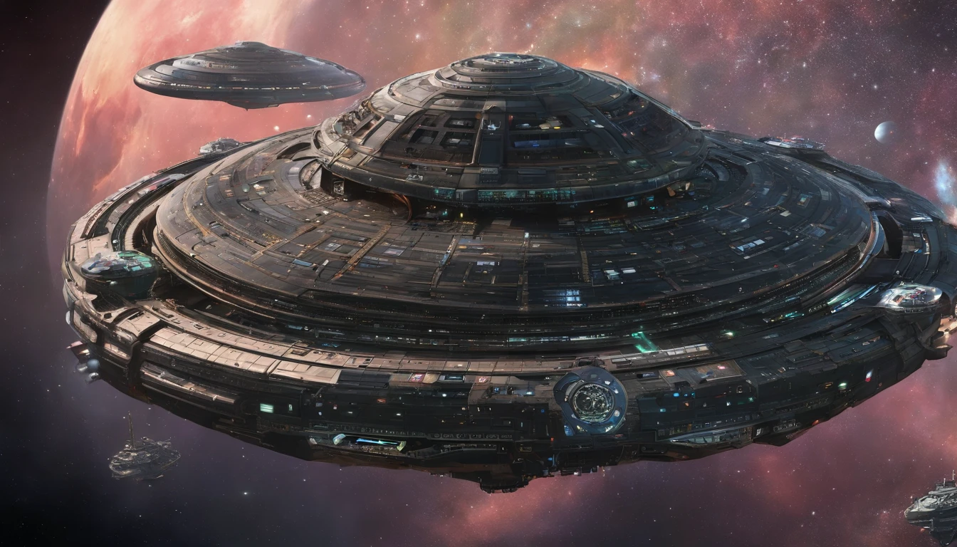 Steampunk castle 750,750,750,750,000 sq ft hybrid planet, canvas splattered with metallic gold,luminescent forest green, & red matte, melds into a Saturn-size-Earth hybrid, Larry Niven, Arthur C Clarke.The space station is massively bigger than Babylon 5, but in the shape of Deep Space 9. The space station has 6 O'Neal Class space stations off in 5 different equilateral directions, & 1 down the middle. It has its own ecosystem, generates its own power, & is located in a binary star system. There are hundreds of starships going to & fro, from the station, at any hour of the day. The station is in the center of the foreground. There are many stars, a nebula, and a comet, in the background. (((Use the following styles:conceptual art, protovision,3d render, architecture, portrait photography, cinematic, diamond crystal, alien, Leonardo Da Vinci, Arthur C. Clarke, &Larry Niven))). (((1 million HD Resolution, isometric art, insane symmetrical details))).