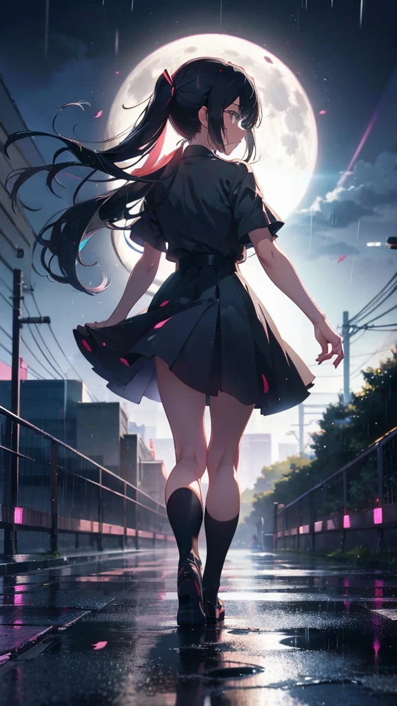 1 anime girl, alone,Black petals flutter, A mysteriously shining butterfly.city,Black Hair,red gem eyes,long twin tails,thin legs,very clear,Best quality After the Rain,city,Miku,beautiful morning,Asahi,whole body,Sad expression,Shining Full Moon,rain,Wet,Monochrome,No color,Sad expression,Thin legs,Walking through the crowds,profile,Crying face,Face close-up