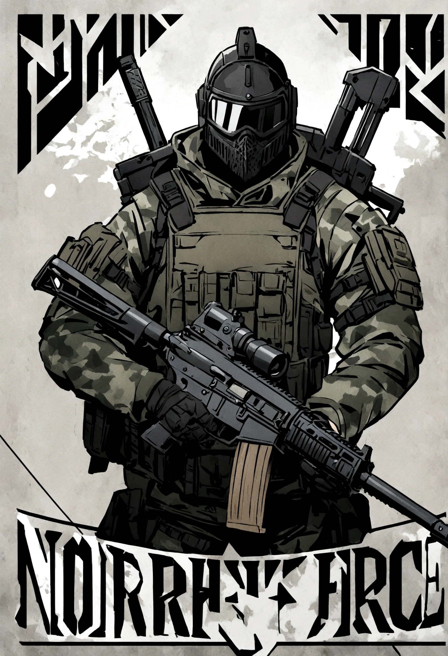 A logo for the Airsoft team "Nordic Strike Force." The design features a fierce, stylized Viking warrior in right-facing profile, wearing a camouflaged military helmet equipped with night vision that mimics the modernized look of American seals. The warrior has a black beard and armor adorned with intricate Norse patterns. In the background, prominently displayed, are the silhouettes of a modern M4A1 rifle and an axe, symbolizing precision and expertise. The team name, "NORDIC STRIKE FORCE," is subtly emphasized in the background. The overall design is bold, inspiring, and easily recognizable, capturing the essence of Norse warriors combined with the modernity of a special tactical unit. The absence of horns in the design ensures a sophisticated and professional appearance.