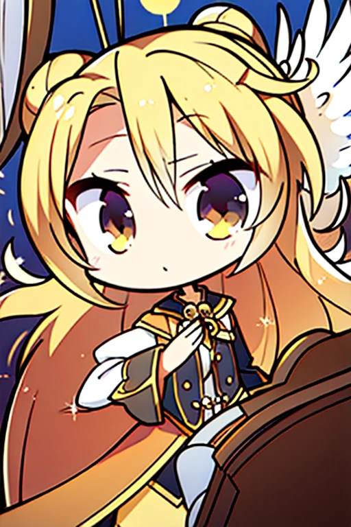 A golden haired female angels with hazel eyes and an hourglass figure with golden wings in a pirates outfit is leaning against the mast of a pirate ship
