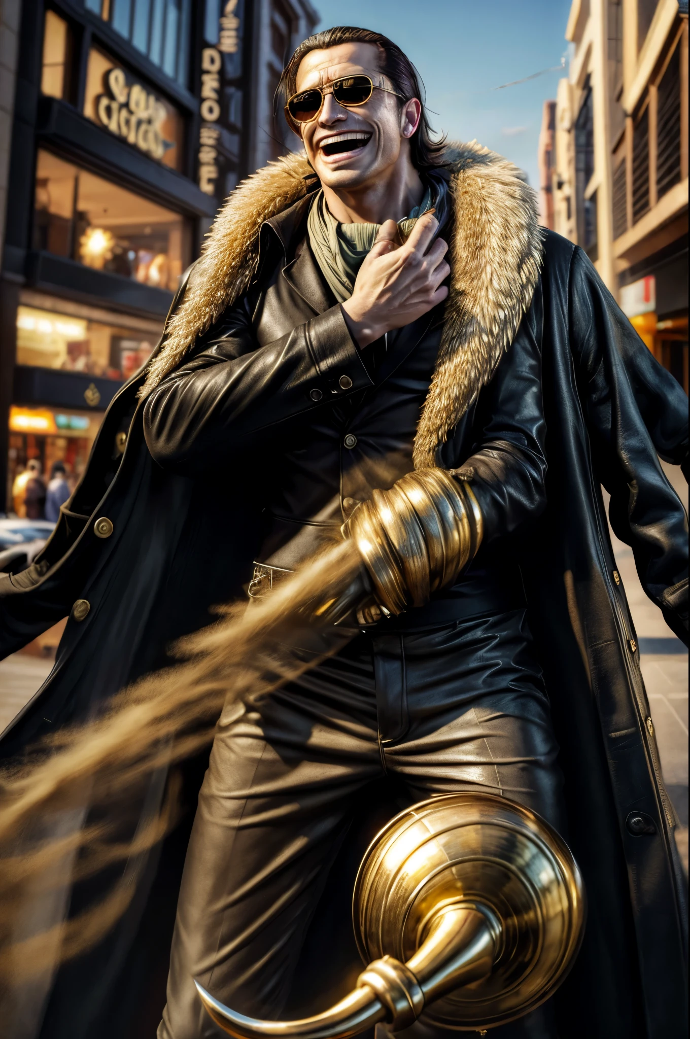 masterpiece, best quality, extremely detailed, hyperrealistic, photorealistic, a cool 40s man, ultra detailed face:1.2, fur-trimmed coat, scarf around the neck, his left hand is a golden pirate hook:1.1, shopping mall, shopping, dynamic angle, laughing, sunglasses, cigar
