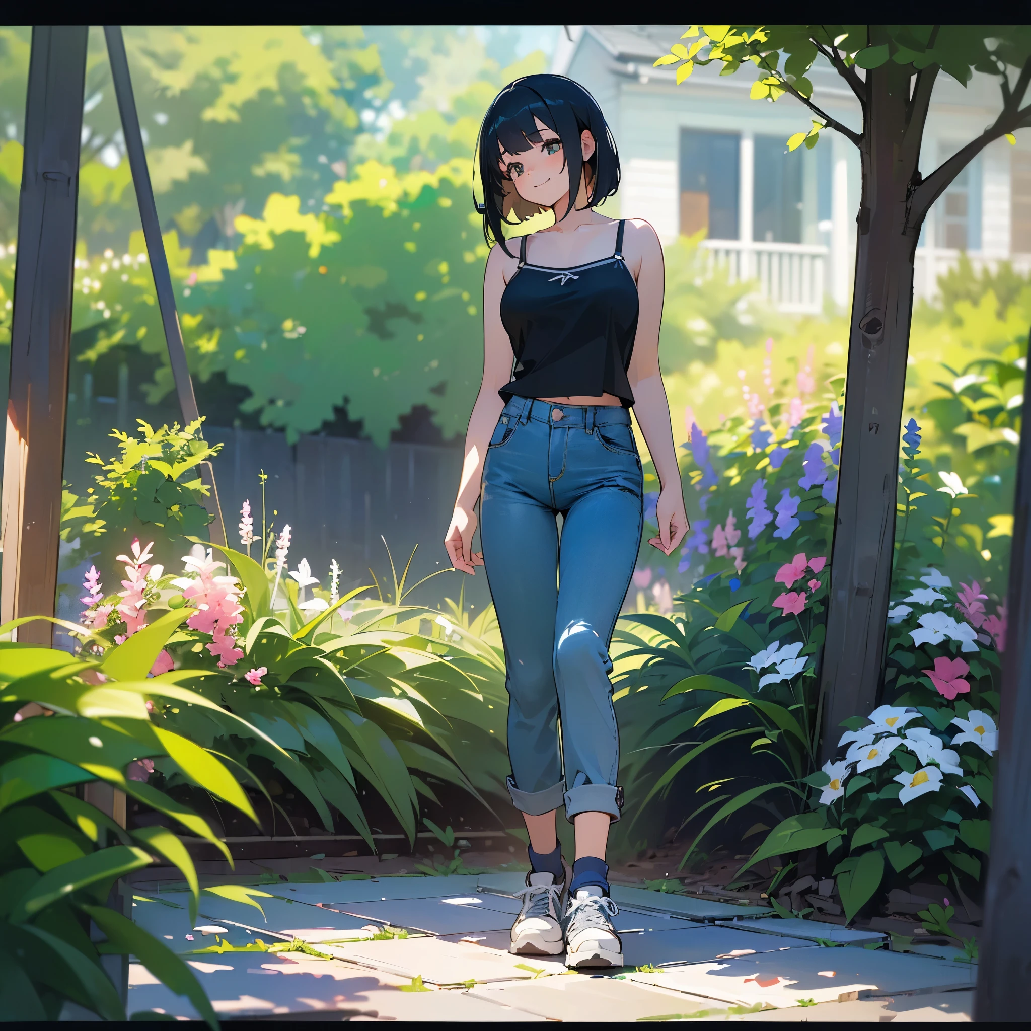 (high quality, High resolution, Very detailed, reality:1.37), Peaceful atmosphere, (Outdoor, garden), Teenage girl standing alone, (my breasts are big.), Beautiful details, Cute Smile, (Black bob hair), camisole, Denim pants, Blue socks, sneakers.