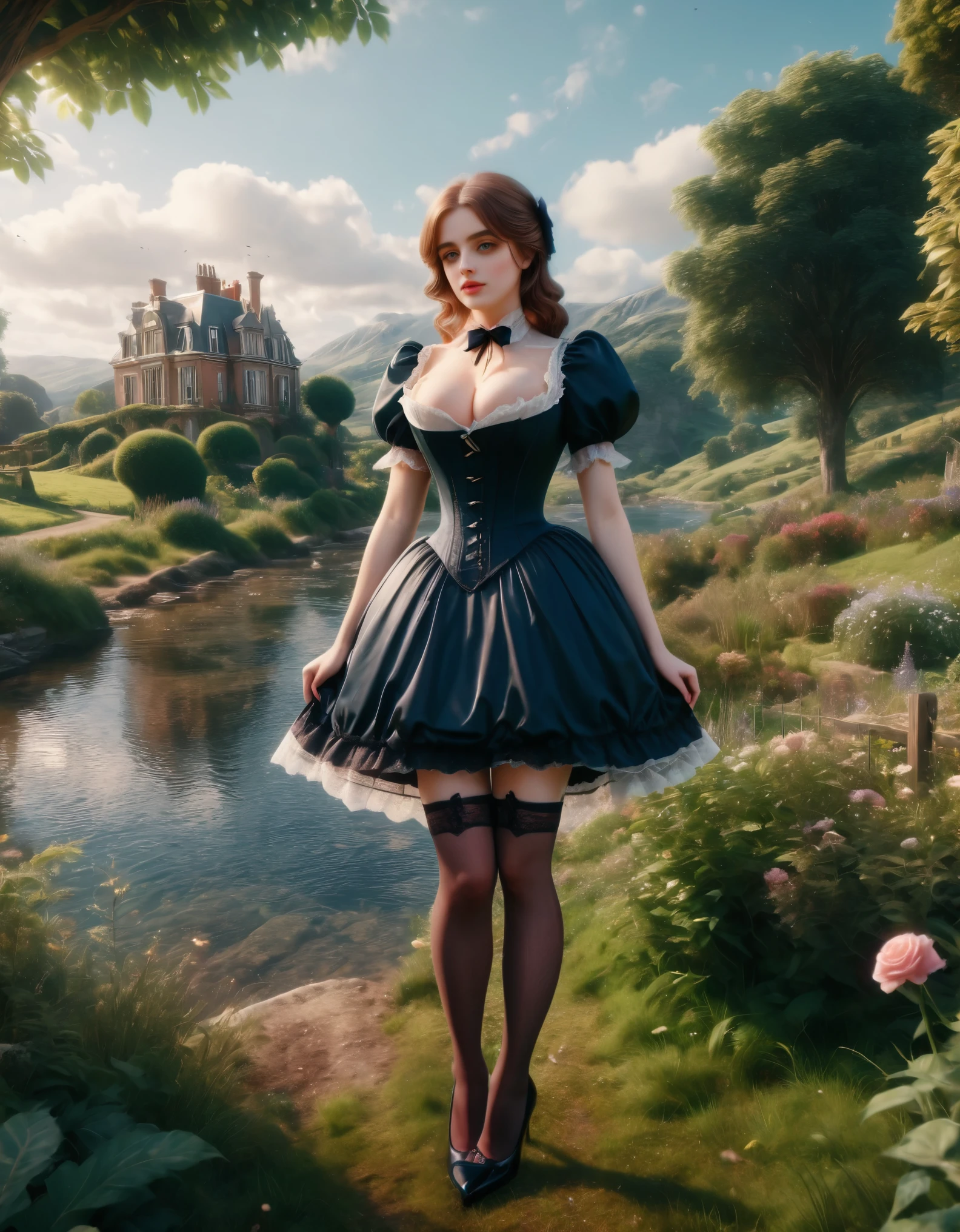 A Victorian romanticism scene with a woman in stockings and heels, featuring lush landscapes and detailed costumes. Ultra Realistic, vibrant colors, 8k