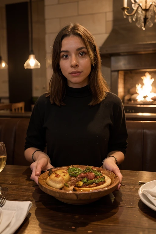 Es un restaurante europeo de parrillas y asados con el fondo difuminado y la mesa enfocada pero vacia 