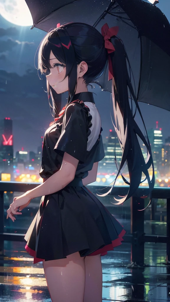 1 anime girl, alone,Black petals flutter, A mysteriously shining butterfly.city,Black Hair,red gem eyes,long twin tails,thin legs,very clear,Best quality After the Rain,city,Miku,beautiful morning,Asahi,whole body,Sad expression,Shining Full Moon,rain,Wet,Monochrome,No color,Sad expression,Thin legs,Walking through the crowds,profile,Crying face,Face close-up