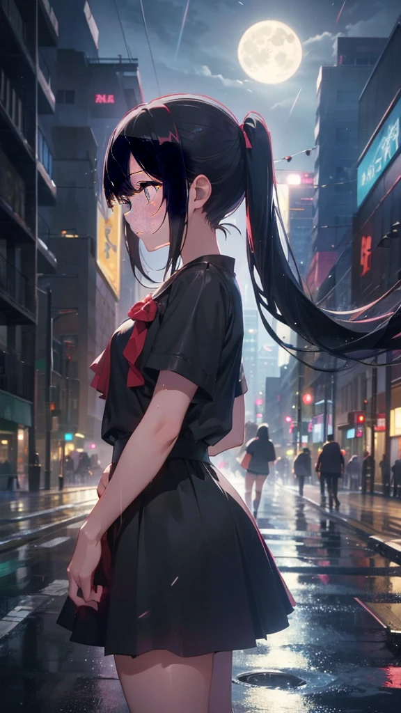 1 anime girl, alone,Black petals flutter, A mysteriously shining butterfly.city,Black Hair,red gem eyes,long twin tails,thin legs,very clear,Best quality After the Rain,city,Miku,beautiful morning,Asahi,whole body,Sad expression,Shining Full Moon,rain,Wet,Monochrome,No color,Sad expression,Thin legs,Walking through the crowds,profile,Crying face,Face close-up