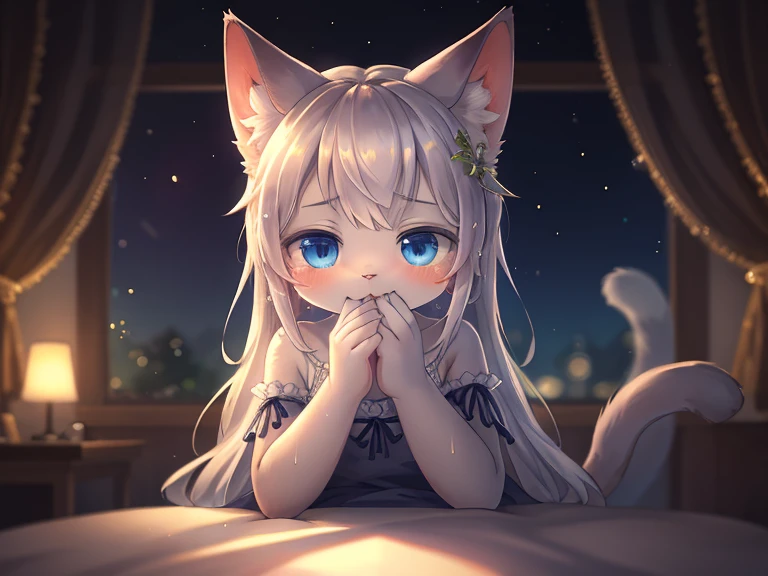 Hallucination, daydream , Bokeh , A cat getting drunk after sniffing silver vine , night dress , romance , Staring at viewer with moist eyes , Slimy