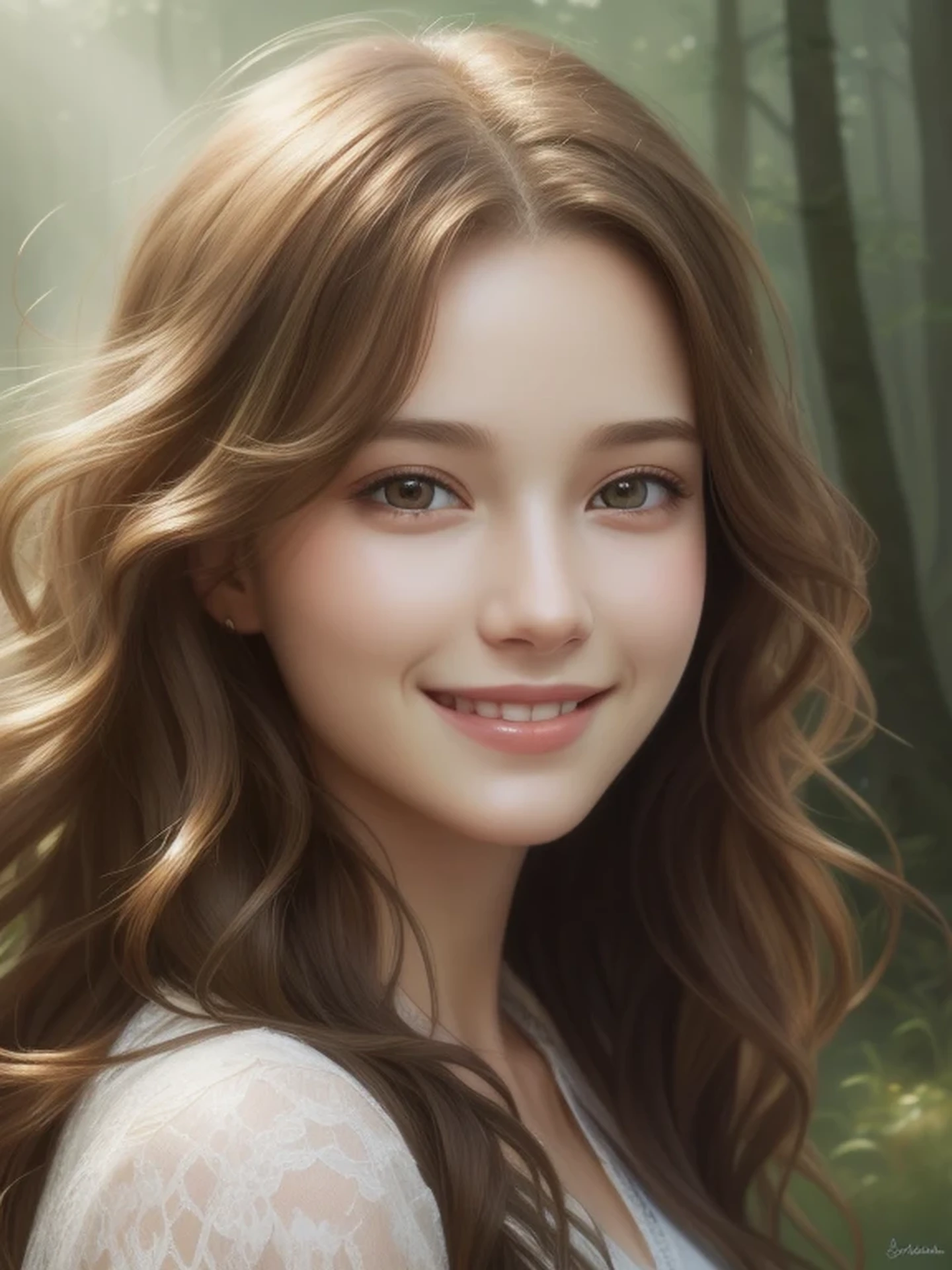 Close-up head, To the camera, 1 girl, Realistic digital painting of a
woman, portrait, Cute Smile, (Wavy Hair:1.1), The morning sunlight shines through the misty forest, (Highly detailed skin:1.2), masterpiece, highest quality,