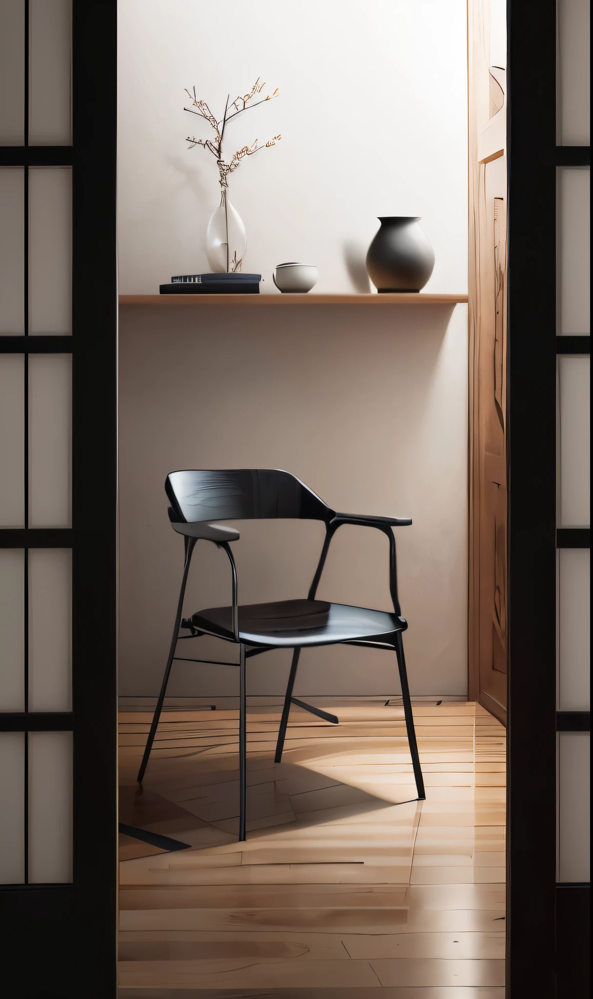 there is a black Chair with a wooden seat and a black seat, from me, Chair, single Chair, Inspired by Tsuji Kako, author:Simon Gaon, EUR, Chairs, black Chair, author Shen Zhou, Hong Chunsang, Very simple, froggy Chair, Exquisite and simple structure, Inspired by Kuroda Seiki, Fuquan