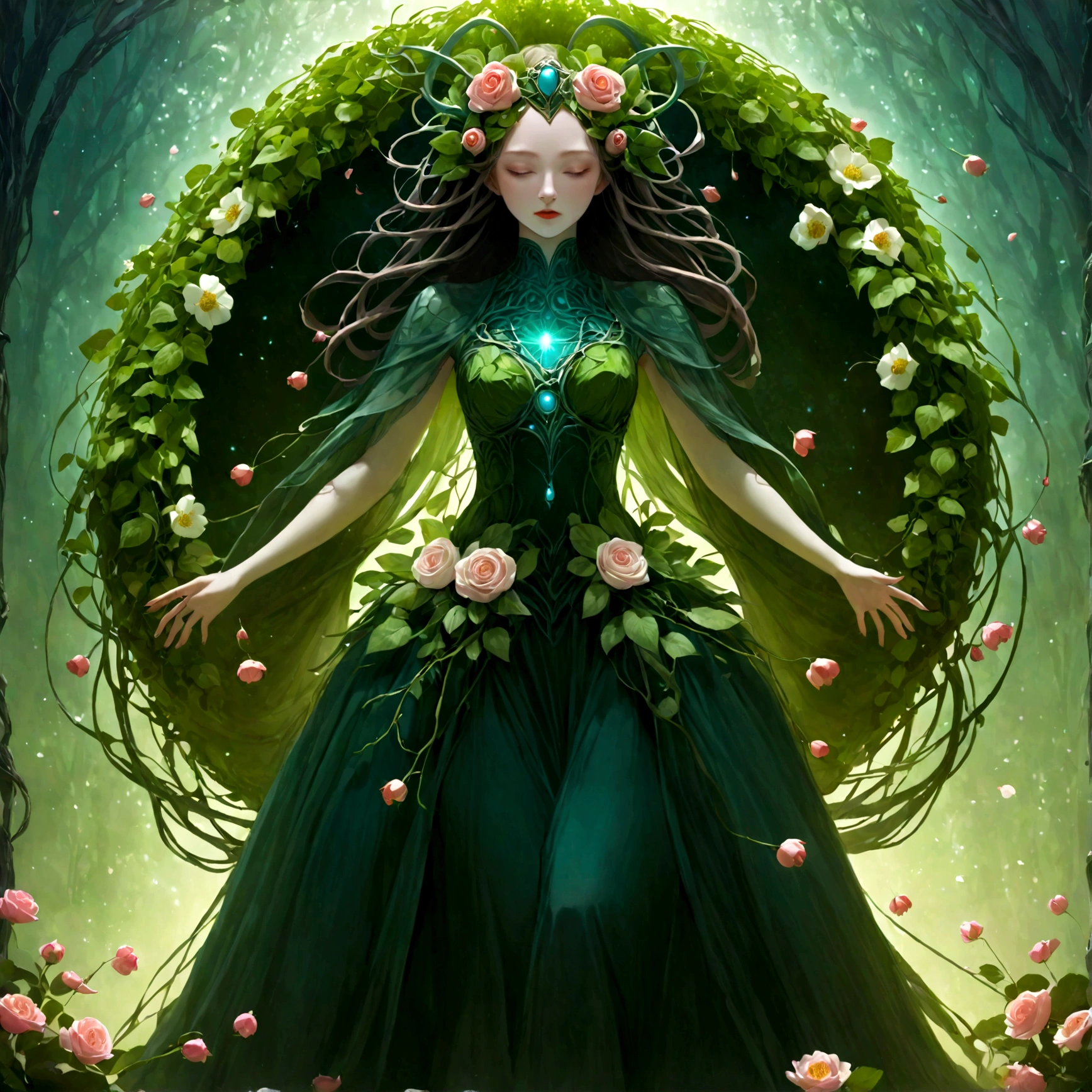 the goddess persephone in a dress made out of greenery and flowers