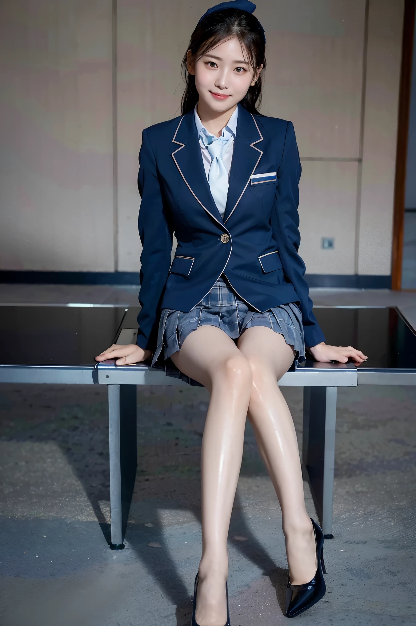 (8k), (highest quality: 1.2), (Realistic), (Realistic: 1.37), Ultra-high resolution, (1 girl), cute, blush,Embarrassed smile, Beautiful details, Beautiful Nose, Wet Hair, Giant Dulcefo, pork, Thighs,Self Snap,University Uniforms,(A simple navy blue blazer:1.4),(Pleated skirt:1.2),(The skirt and tie are gray tartan check pattern.:1.3),(Sitting:1), Sit on the ground,(Hold my feet:1),(Shiny legs:1.2),from the front,knees