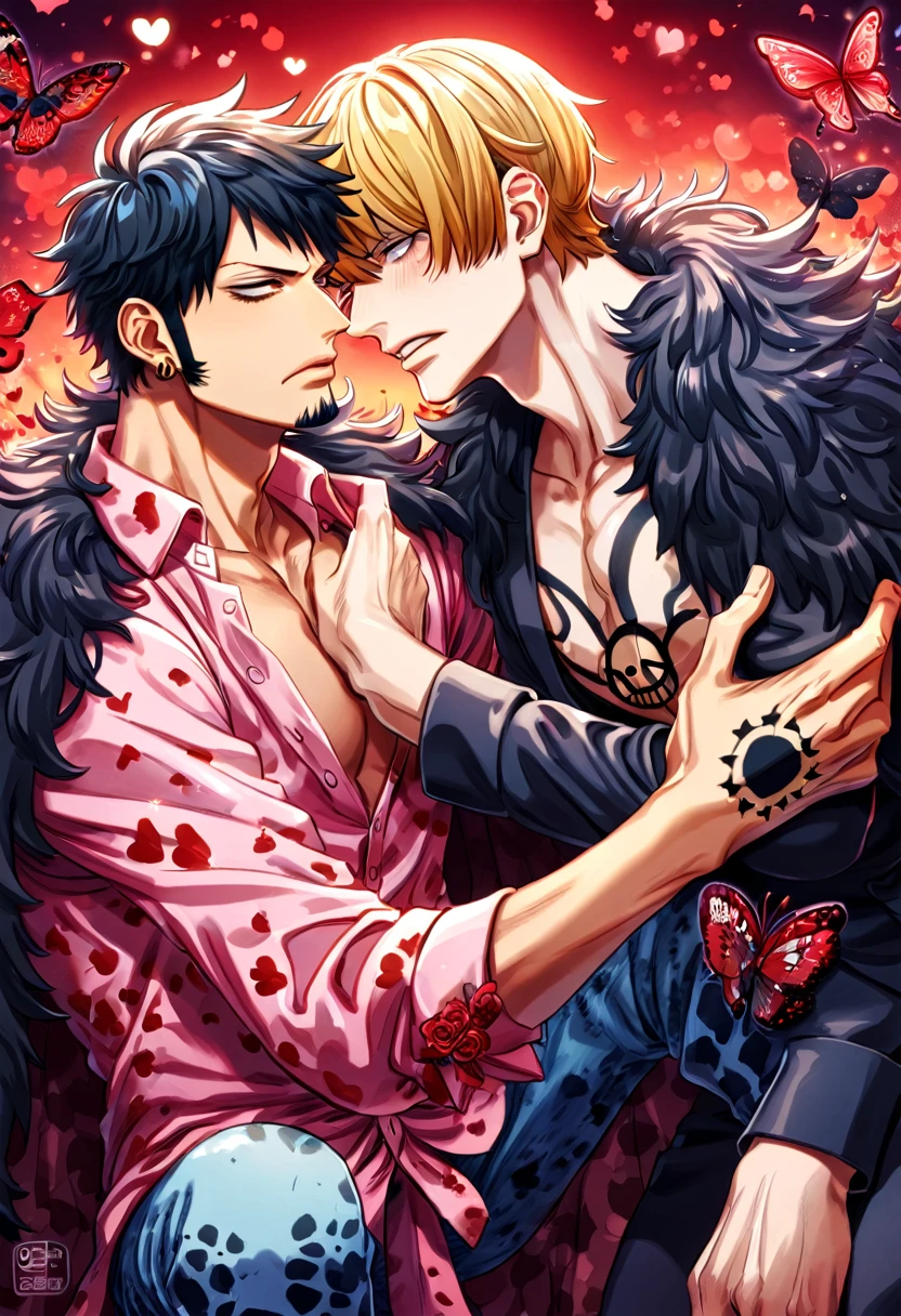 absurdres, highres, ultra detailed, HDR, master piece, best quality, Donquixote Rosinante Corazon, expressive red eyes, blonde hair, One Piece, Trafalgar Law, black hair, expressive gray eyes, two sexy men together, gay couple, yaoi, handsome, black fur cape, pink shirt with heart patterns, black coat, magical, fantasy, red roses, red butterflies, red petals, red sky