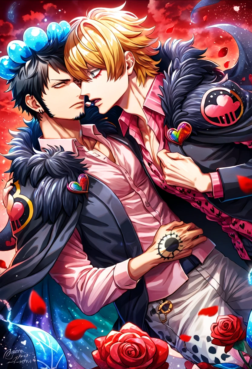 absurdres, highres, ultra detailed, HDR, master piece, best quality, Donquixote Rosinante Corazon, expressive red eyes, blonde hair, One Piece, Trafalgar Law, black hair, expressive gray eyes, two sexy men together, gay couple, yaoi, handsome, black fur cape, pink shirt with heart patterns, black coat, magical, fantasy, red roses, red butterflies, red petals, red sky