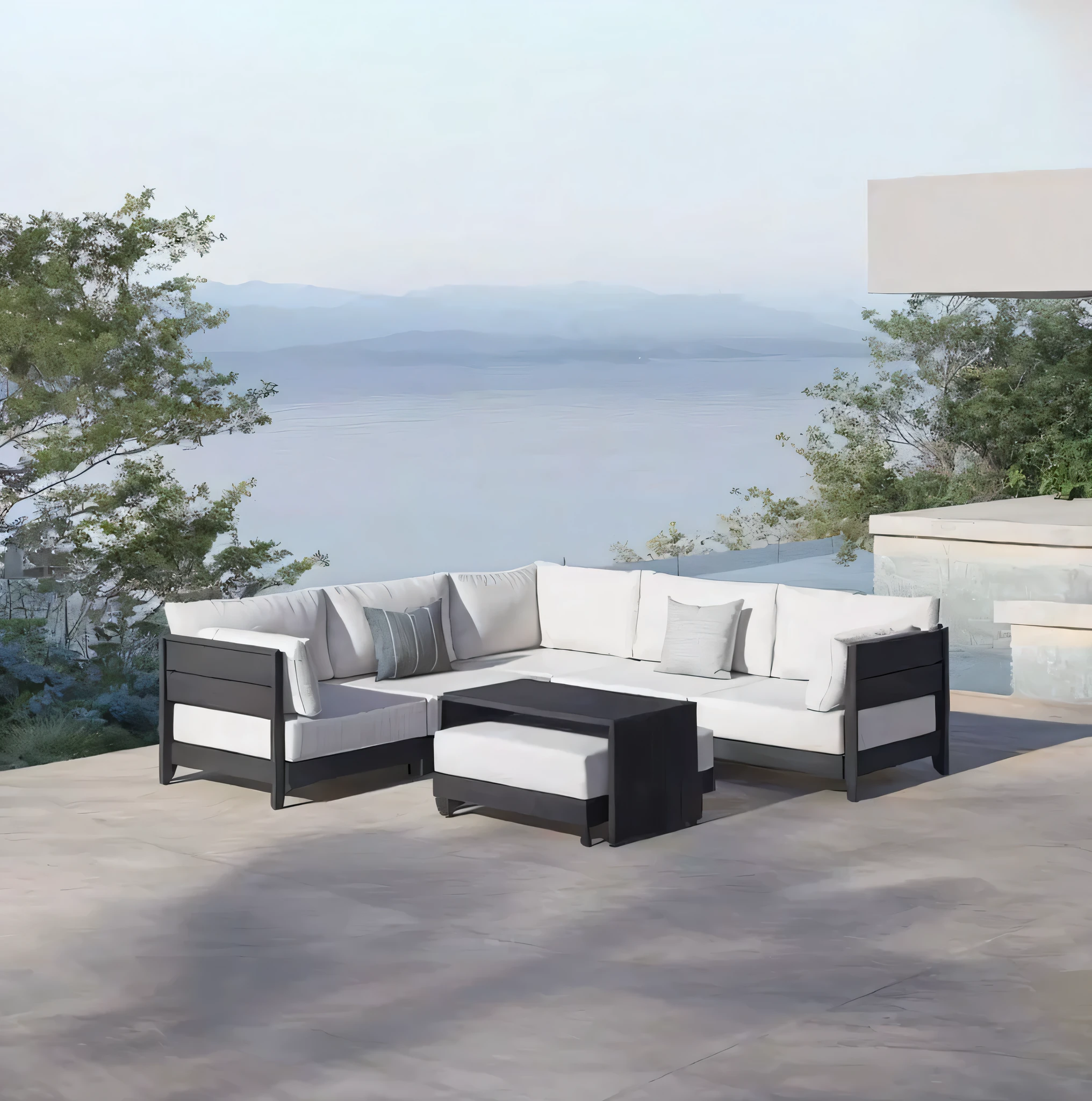 In the backyard scene, there are furniture under the pavilion, including sofa, coffee table pillow and potted plants.Keep the sofa, cancel the original background and redraw the background according to this style.