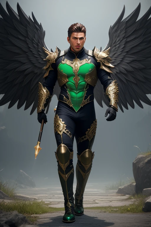 Full body photorealistic handsome hunky masculine fractal archangel .unreal engine, extremely attractive male wearing chartreuse green bodysuit, big wide massive sparkling wings extremely masculine physique, intricately detailed metal body armour, bulge, realistic skin, short tousled hair, fantasy background