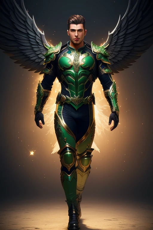 Full body photorealistic handsome hunky masculine fractal archangel .unreal engine, extremely attractive male wearing chartreuse green bodysuit, big wide massive sparkling wings extremely masculine physique, intricately detailed metal body armour, bulge, realistic skin, short tousled hair, fantasy background