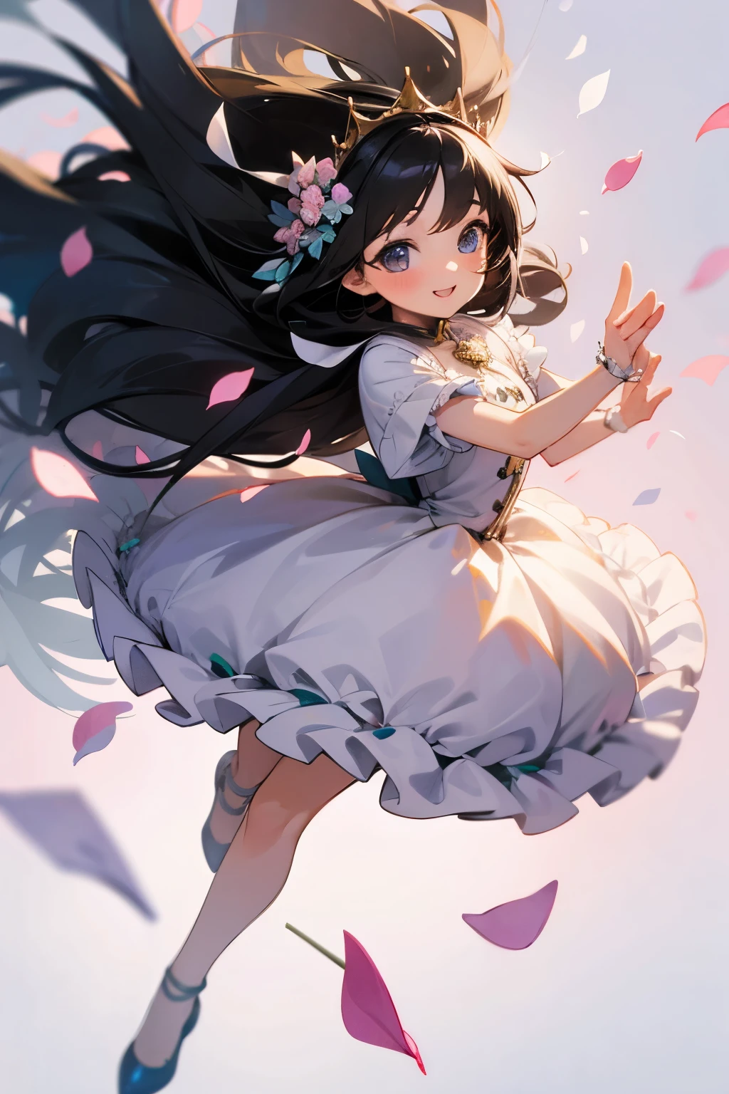 Photorealistic、Chibi Girl Doll(Wearing a crown of clover flowers、Delicate petals、Adorable shoes、Clover Field、smile、Black Hair、Dynamic Pose)