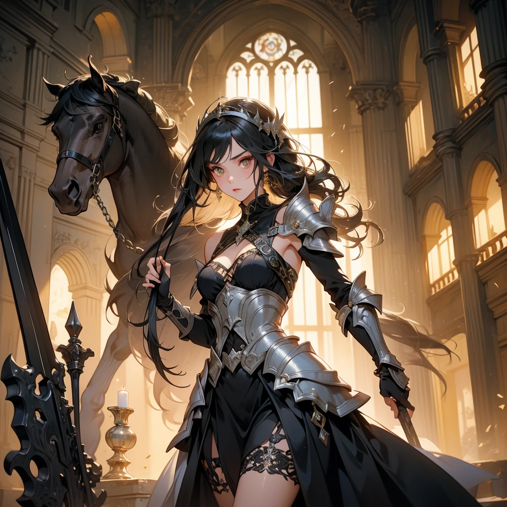 A breathtaking artwork of a female character of unimaginable beauty, set in a dark and opulent environment. The full-body view reveals an impressive figure, exuding an aura of power and mystery. She wears black and gold clothes, radiating a luxurious darkness. Her armor is detailed and characteristic, with intricate golden designs that shimmer in the dim light. Ornate shoulder pads protect her shoulders, and the armor perfectly molds to her body, accentuating her formidable presence. Her long black hair flows like a river of darkness, contrasting with her mesmerizing scarlet eyes. Her beauty is almost supernatural, a perfect blend of grace and menace. She wields a cursed blade that seems to pulse with malevolent energy, enhancing her aura of danger. The setting around her is a gothic and luxurious environment, with dark arches and stained glass windows that filter a supernatural light. In the background, candles flicker, casting dancing shadows on the intricately carved stone walls. It is a place that blends elegance and terror, perfectly reflecting the essence of the character.
