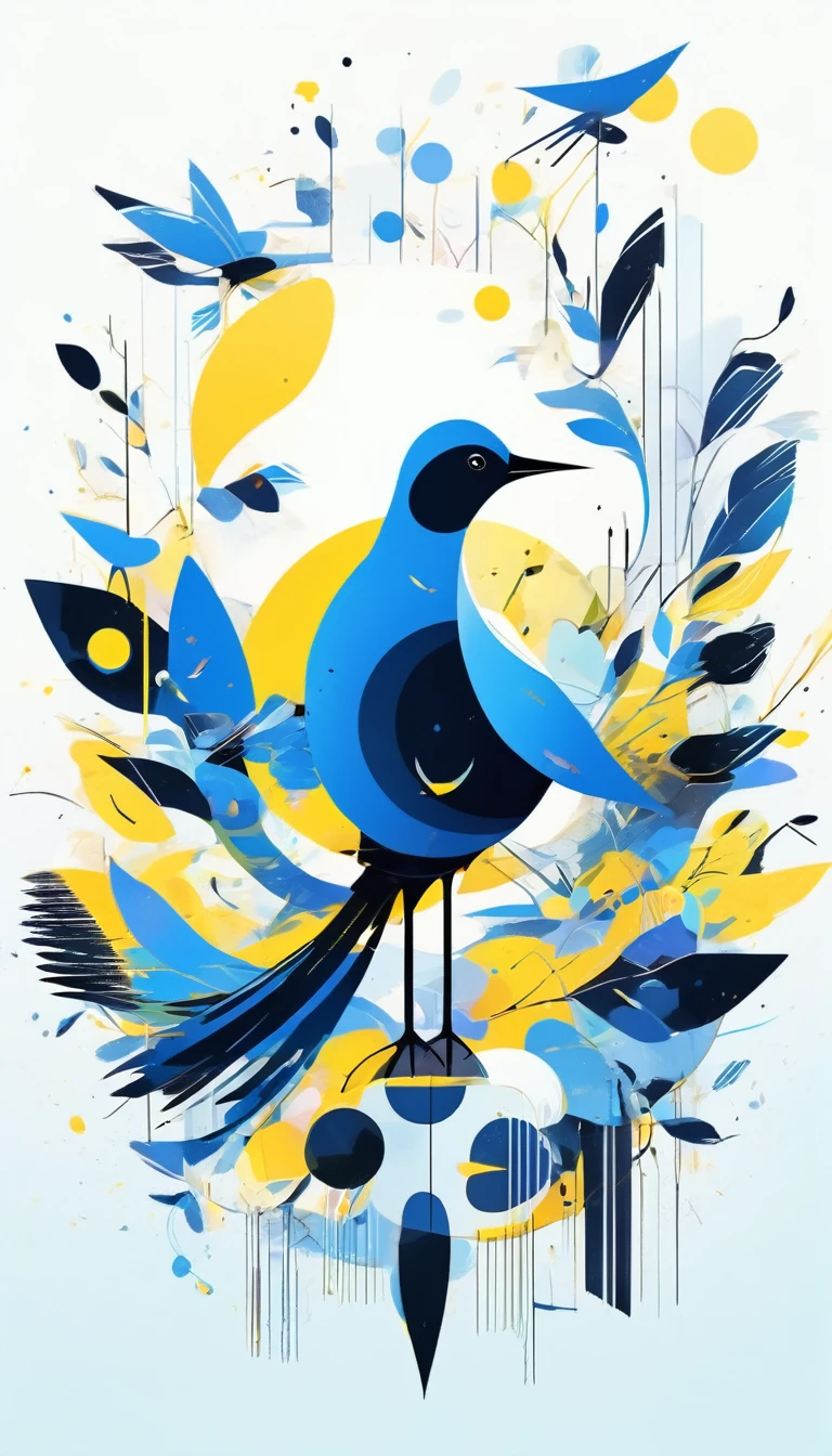 A minimal and psychedelic digital illustration, featuring bird in the center of the composition, surrounded by abstract shapes in blue,black, and yellow colors, a dreamy atmosphere, white background