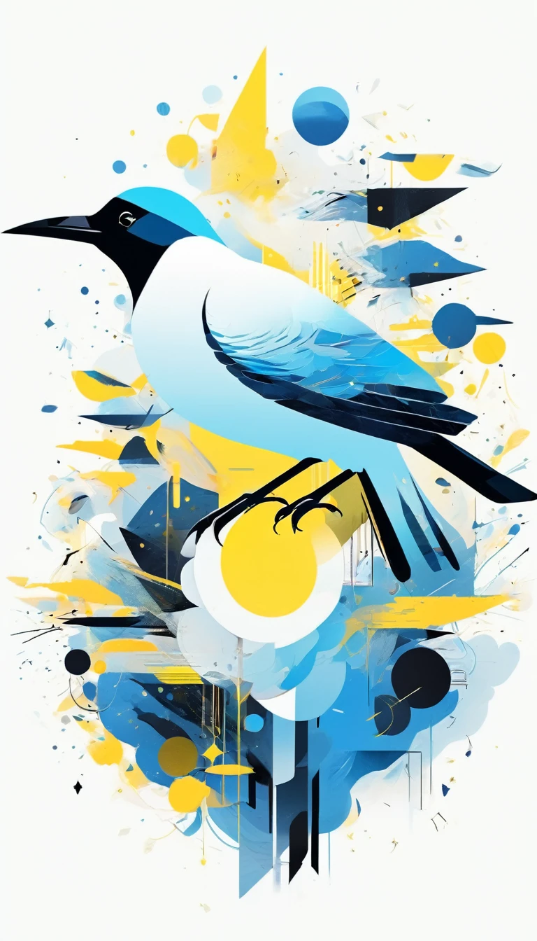 A minimal and psychedelic digital illustration, featuring bird in the center of the composition, surrounded by abstract shapes in blue,black, and yellow colors, a dreamy atmosphere, white background 
