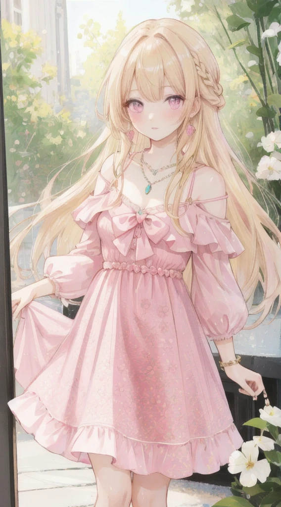 (best quality),[masterpiece],((beautiful:0.75) cute girl:0.75),long hair,knees up,necklace,jewelry,looking at viewer,front lens, pink dress, blonde hair, pink eyes