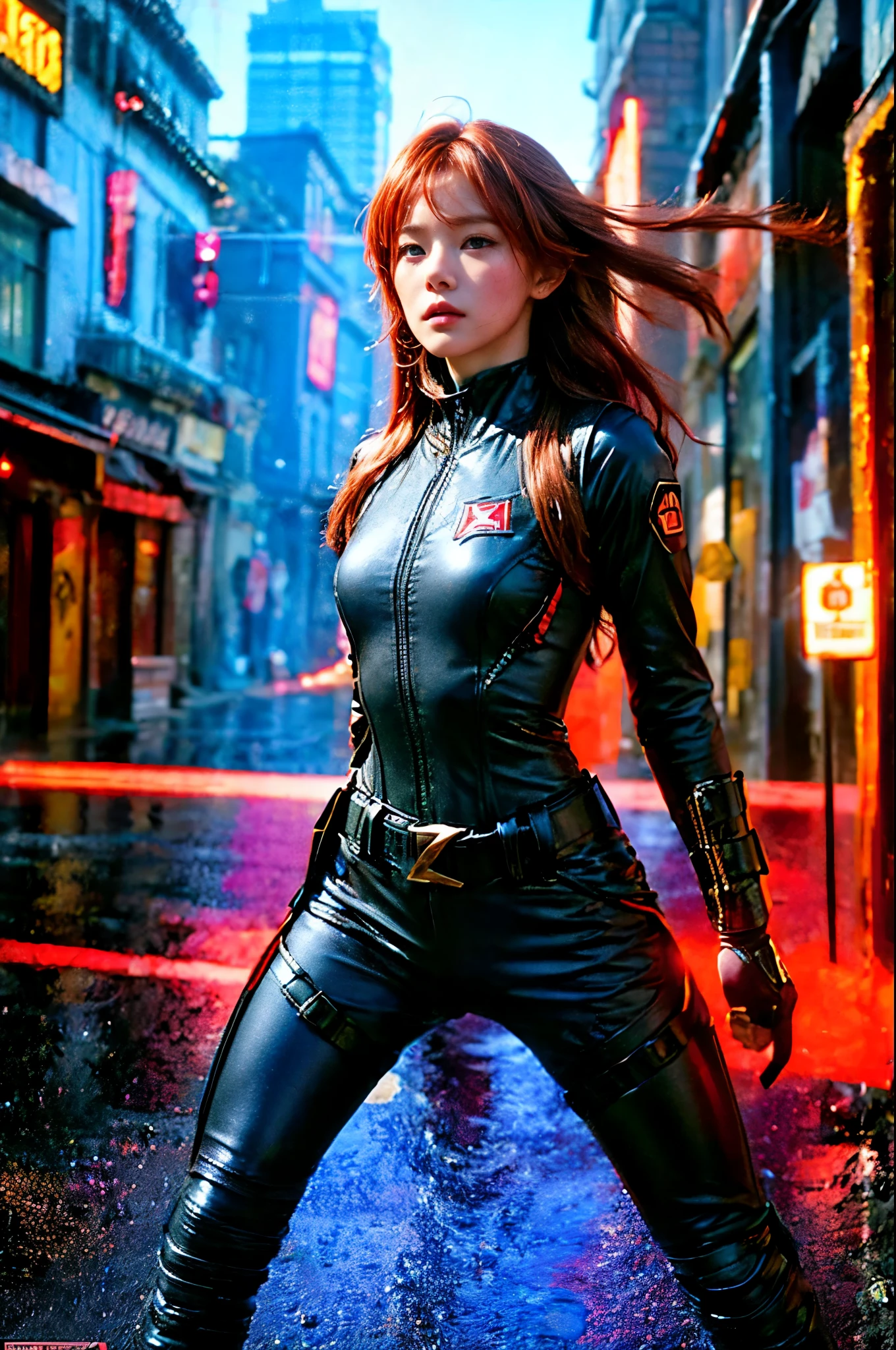 A young red-haired female character,Wearing a black tight combat suit,The belt is full of small tools,She strikes a vigorous fighting stance,Always ready for any challenge,She stands in front of a suburban background,This is a typical quiet neighborhood.,Her eyes were filled with determination.,Reflecting her fearless nature