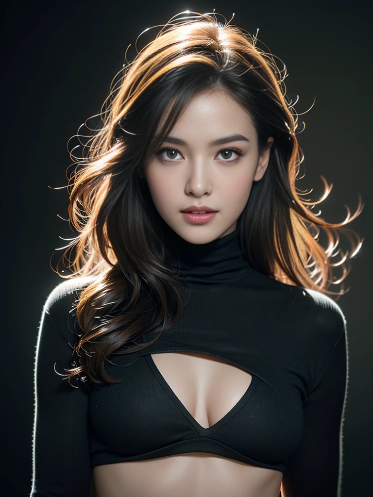 (masterpiece, best quality:1.2), (8k uhd, 16k, 32k, ultra high res), (photorealistic:1.37), (RAW photo), ultimate-realistic, ultimate-realistic details, ultimate-realistic texture, ultimate-intricate details, ultimate-realistic lighting, ultimate-realistic shadow, japanese girl, 24yo, ultimate-cute face, ultimate-RAW skin, ultimate-eyes, from Illustration by Luis Royo come to realistic photograph. Black background. ((Quite a bit body)), A beautiful woman with long brown hair, happy laughing, glowing skin, She wears a black cropped turtleneck, big breasts, rounded hips, and a pair of olive green skinny jeans. Her hair is soaking wet.