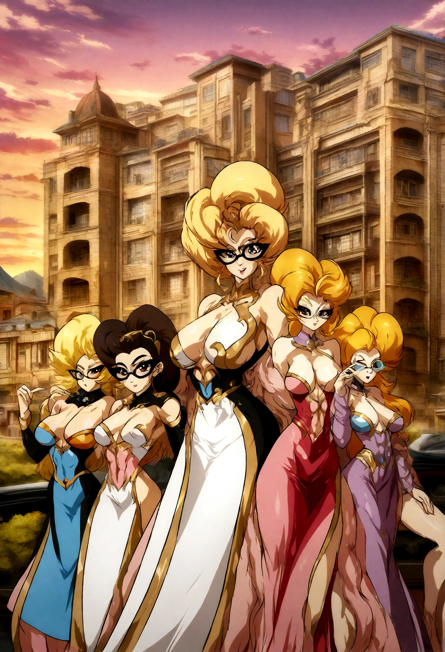 ((Vestidos cautivadores y elegantes)) three sexy chicas anime posing for a picture, chica anime, building with panoramic view in the afternoon before sunset, extremely detailed artistic germ, Estilo Artgerm, estilo anime ecchi, Moe anime art style, estilo artgerm, artistic germ style, chicas anime wearing glases