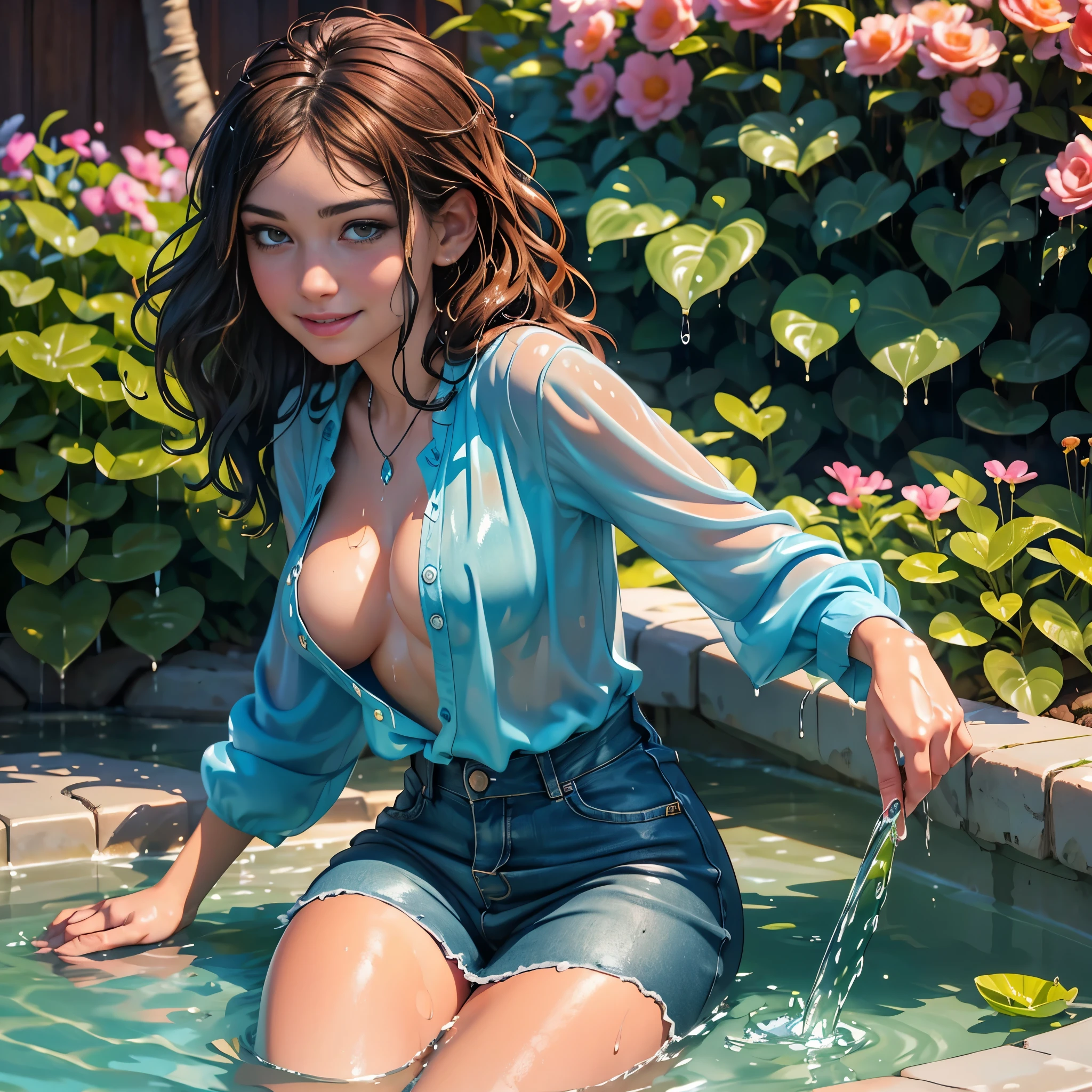 Woman in playing with waterin backyard, ((fully clothed)), ((hippie clothes)), hippie fashion, jewelry, beads, closeup fantasy with water magic, housewife, bright sunshine, summery palette, playful, gentle smile, clothes made of water, photorealistic, dripping wet, beautiful realistic photo, hyperrealistic fantasy photo, close up, narrow depth of field, 8k, ((drenched)), ((soaked)), (dripping water), dripping oil, heavy clothes, soaked in oil, medium breasts, lawn, wet all over, wet dripping hair, varied poses