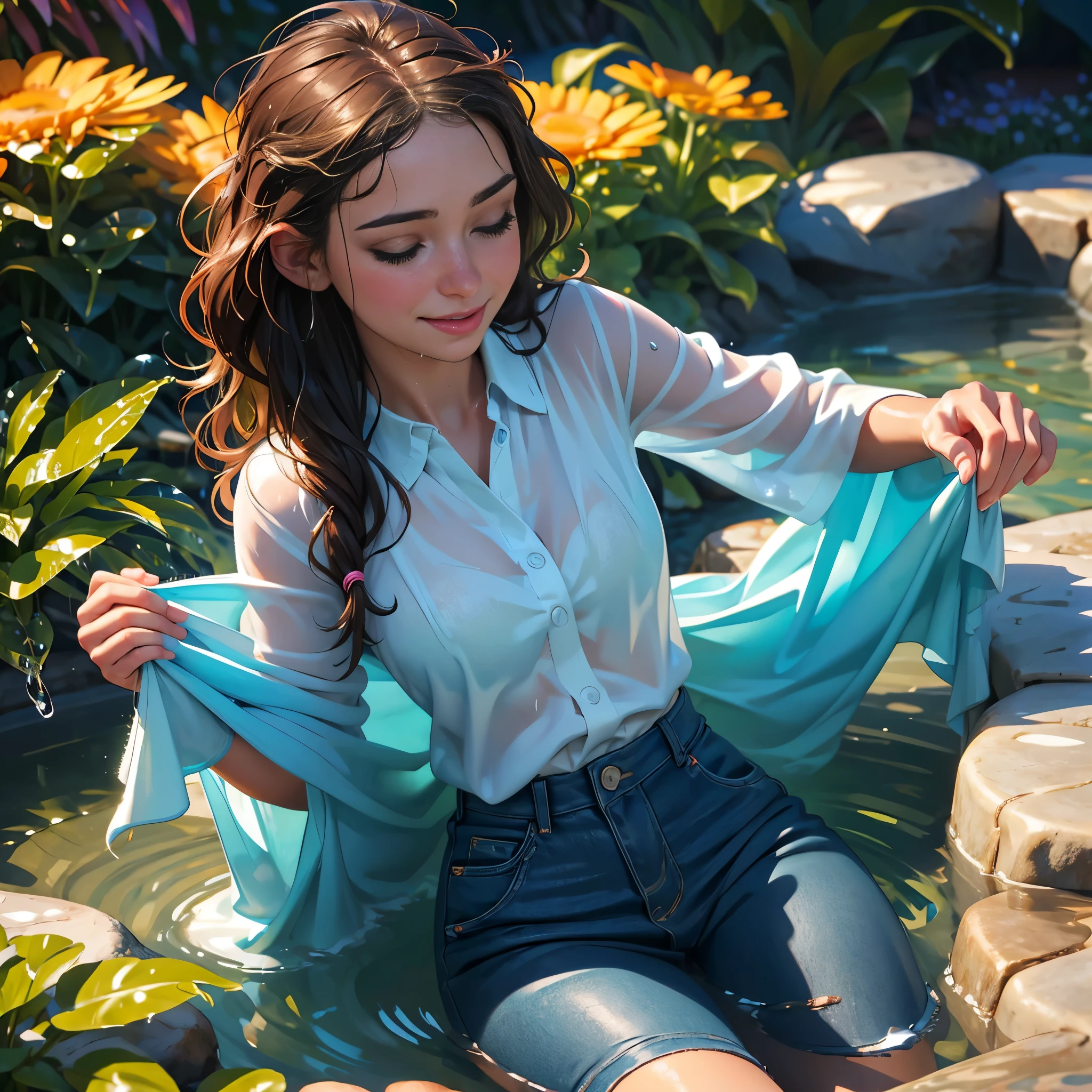 Woman in playing with waterin backyard, ((fully clothed)), ((hippie clothes)), hippie fashion, jewelry, beads, closeup fantasy with water magic, housewife, bright sunshine, summery palette, playful, gentle smile, clothes made of water, photorealistic, dripping wet, beautiful realistic photo, hyperrealistic fantasy photo, close up, narrow depth of field, 8k, ((drenched)), ((soaked)), (dripping water), dripping oil, heavy clothes, soaked in oil, medium breasts, lawn, wet all over, wet dripping hair, varied poses