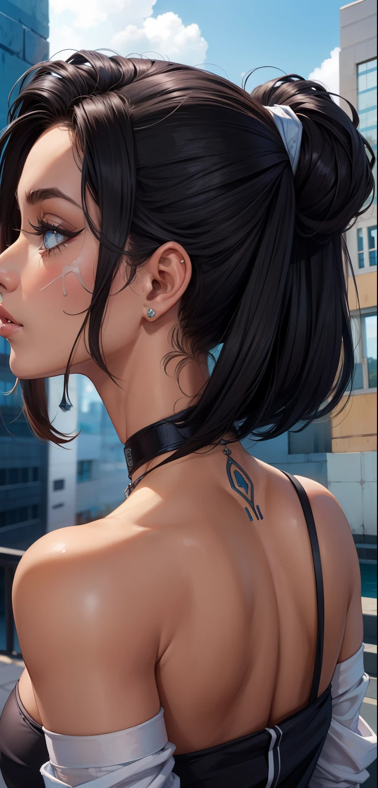 Obra de arte, melhor qualidade, ultra-detalhado, melhor sombra, lindo rosto detalhado, lindos olhos detalhados, Alto contraste,, 1 garota, pequeno, (peito achatado),  franja, cabelo sobre um olho, ombros nus pretos,, fundo branco:1.3,  (Foco facial:1.3, close-up dos olhos:1.3), ((from behind:1.3)), Bunda,