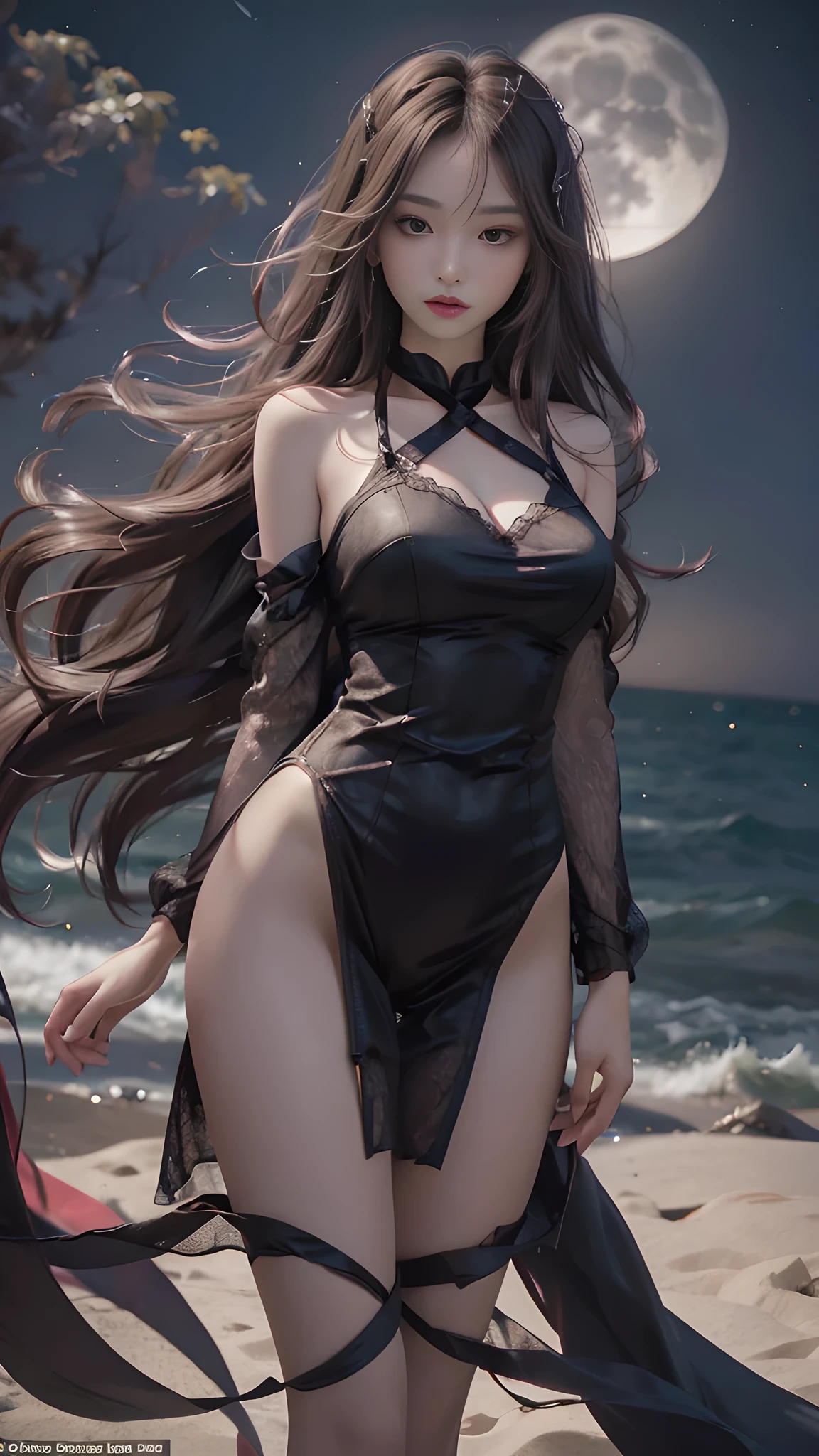 full hd 8k, Girl standing in front of a dark night scene, full moonlight reflecting on her beautiful face. Her long, silky hair was gently blown by the night wind, creating a gentle and romantic feeling. She is walking on a large beach. She looked up at the starry sky, as if searching for something, her eyes showing a pensive and lonely look. The full moon shines in the night sky creating a beautiful scene. The girl has long, silky hair, creating a luxurious and noble beauty. The moonlight shines on the girl's delicate face, highlighting her large, round light brown eyes, creating a natural, gentle beauty. She wore a little sexyly red dress to create a sexy beauty. Her plumble breasts were exposed, revealing her plumble and extremely sexy breasts. These images capture detailed panoramic portraits and views of the sky and sea. All create a beautiful, wonderful picture that makes people unable to take their eyes off the scene. All of these details are depicted clearly and sharply, creating sexyly poses,