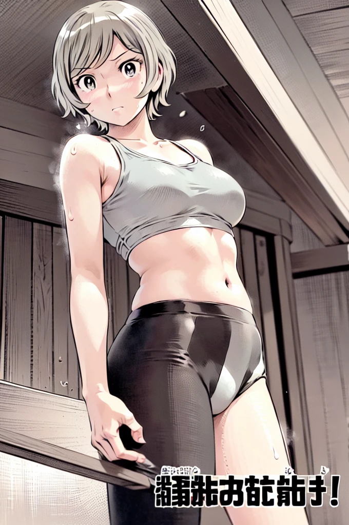 Grey sports bra、Grey panties、(masterpiece、highest quality)、highest quality, Ultra-high resolution, (((masterpiece))), alone, Sweat、Big eyes, Show me your armpits, Composition from the front、(Close-up of a person)、(Manga Style:1.1)、Shortcuts、Embarrassed face、Blonde Hair、Short back hair、