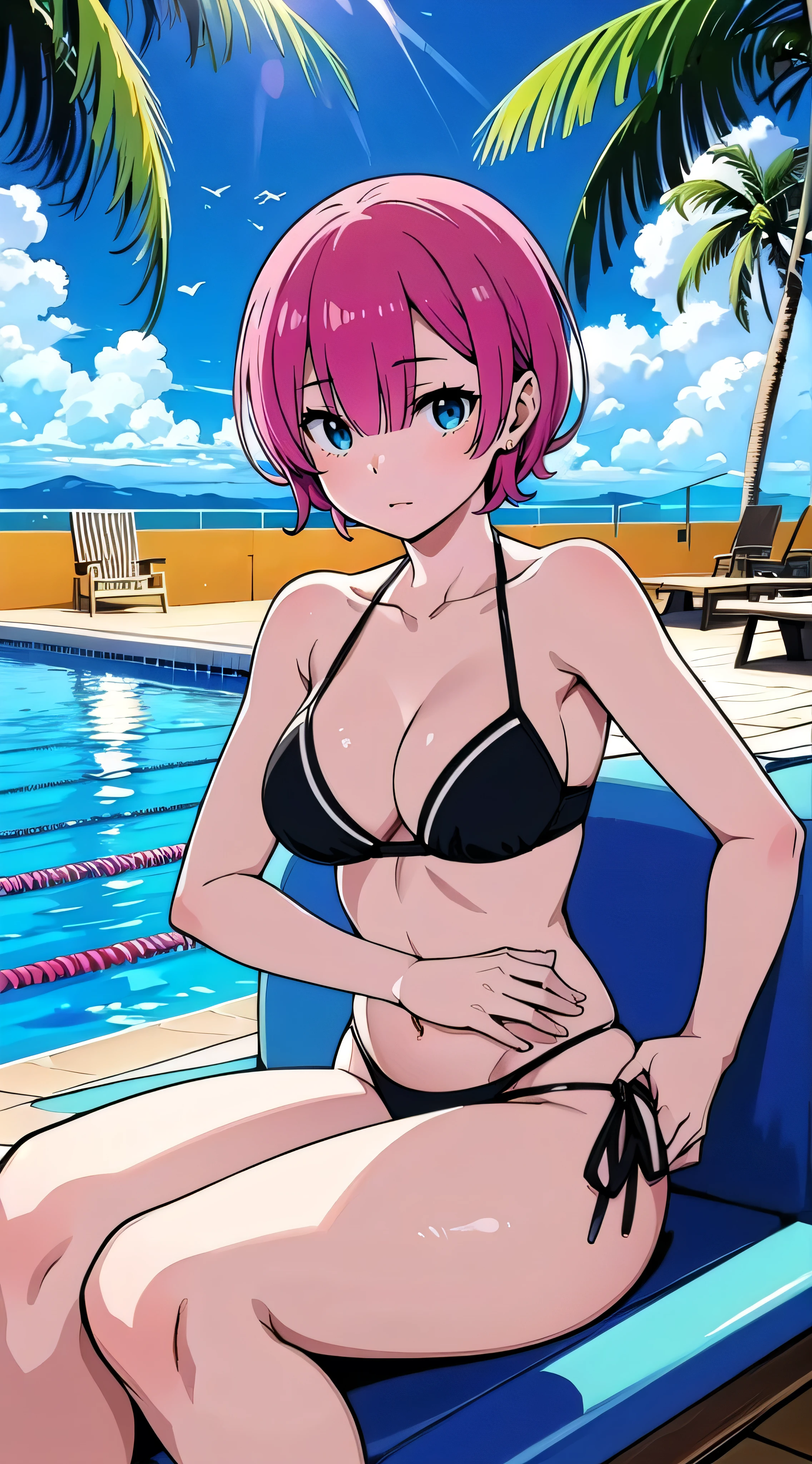 (best quality,highres,masterpiece:1.2),anime,ultra-detailed,enjoying,relaxing,vibrant colors,swimming pool,beautiful,attractive girl,sitting,lounging,black bikini,sunny day,clear water,with palm trees in the background,summer vibes,refreshing,sparkling water.