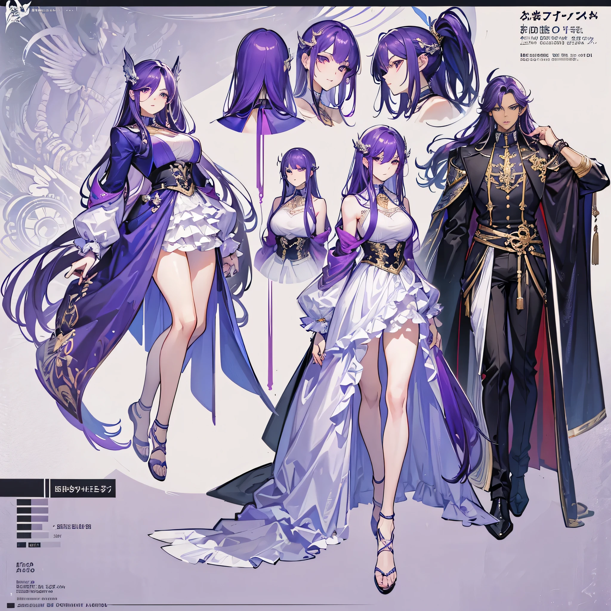 (Masterpiece, best quality), detailed, 1 man, ((character concept art)), ((character design sheet, same character, front, side, back)), full body, body complete, 1 Male, 1 Man, Detailed face, character design sheet,full bodyesbian, Highly detailed, character sheet, character design, Many parts, dark skin, angel wings, long purple hair, angel outfit, masculine, godness, muscle man, male muscle, manly, male angel, Muscle male with purple long hair,handsome man