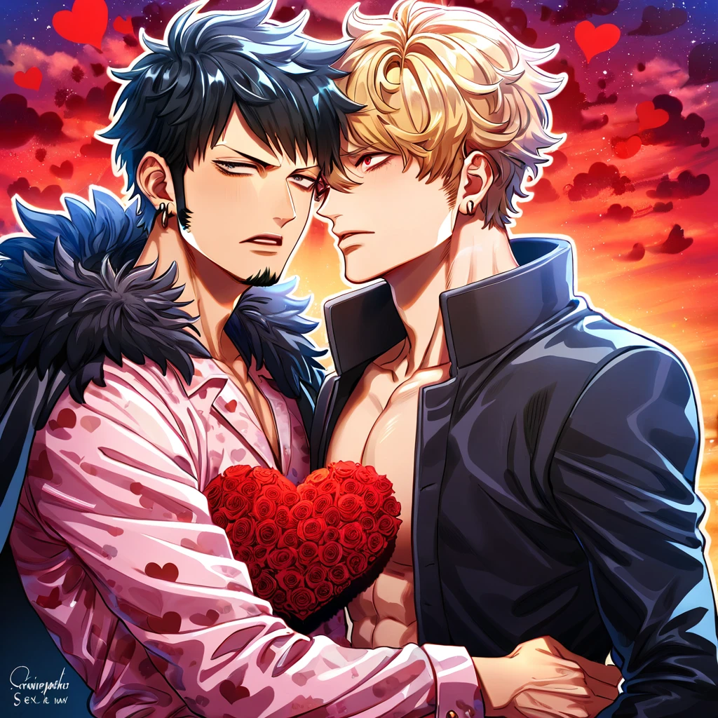 absurdres, highres, ultra detailed, HDR, master piece, best quality, Donquixote Rosinante Corazon, expressive red eyes, blonde hair, One Piece, Trafalgar Law, black hair, expressive gray eyes, two sexy men together, gay couple, yaoi, handsome, black fur cape, pink shirt with heart patterns, black coat, magical, fantasy, red roses, red butterflies, red petals, red sky