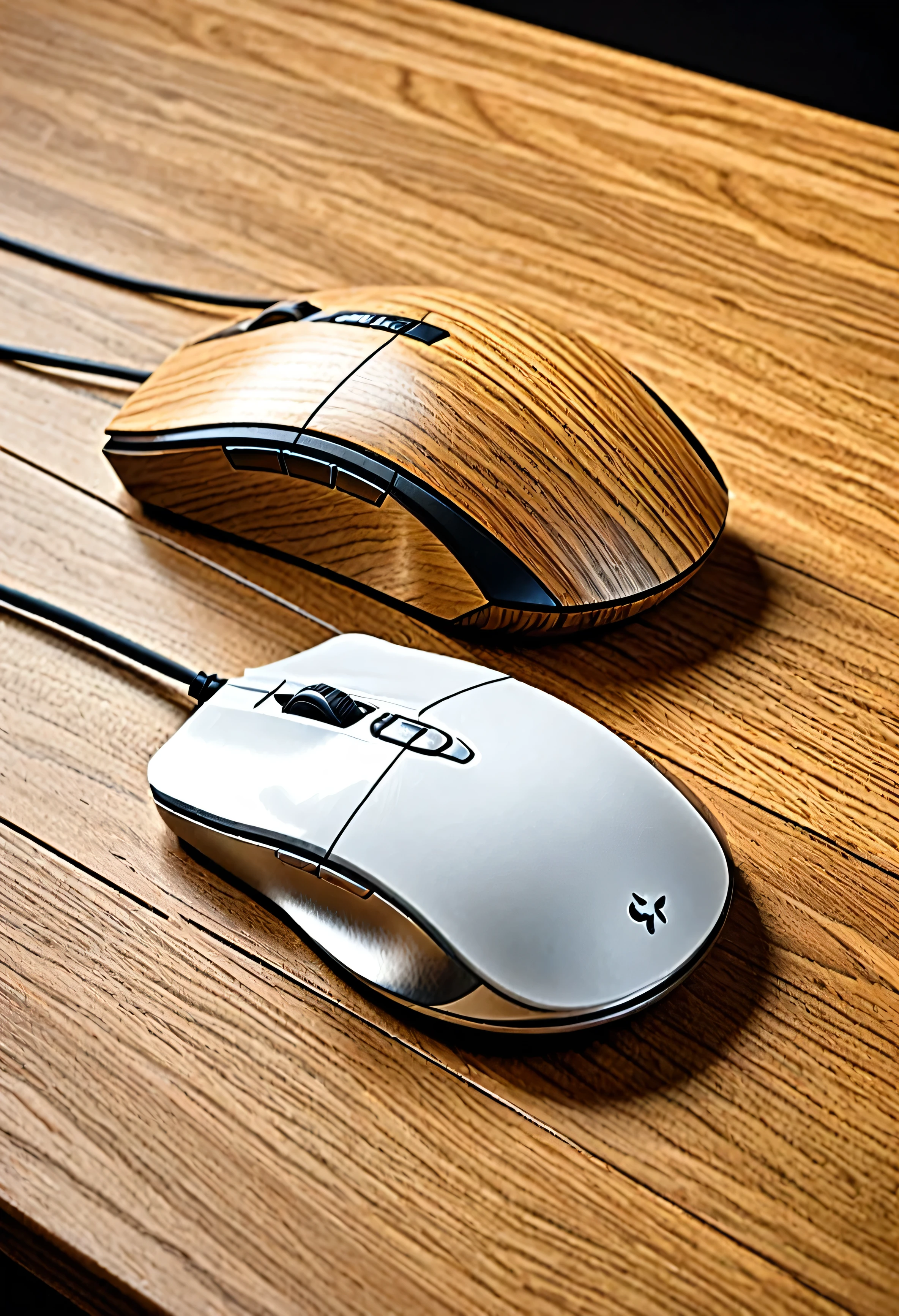 Futuristik mouse for computer, higly detailed, oak wood table.