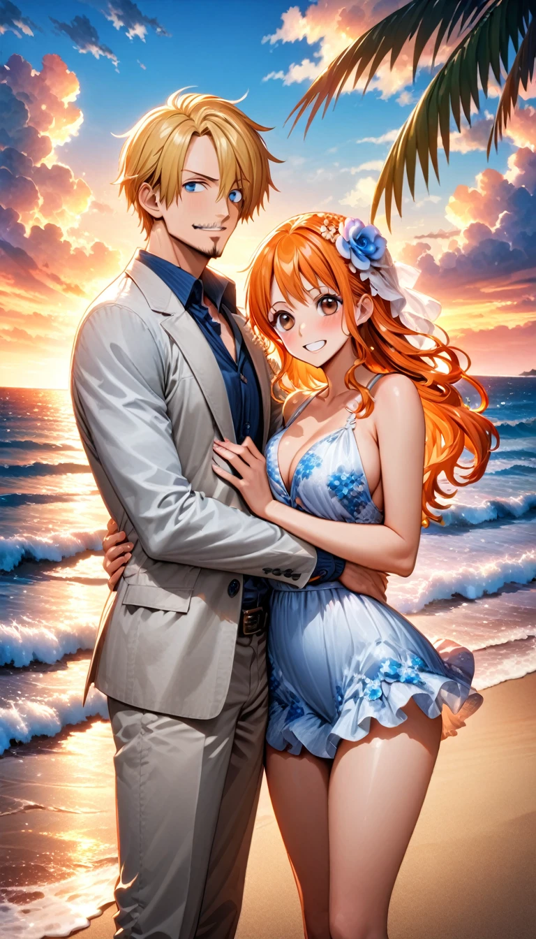 Ultra detailed, highres, absurdres, HDR, master piece, Sanji, expressive blue eyes, blond hair, Nami, orange long hair, expressive brown eyes, sunset, beach, a handsome man together with a beautiful woman, couple, love, One Piece, extremely beautiful, very detailed face and eyes, water, summer, best quality, happy, white wedding clothes