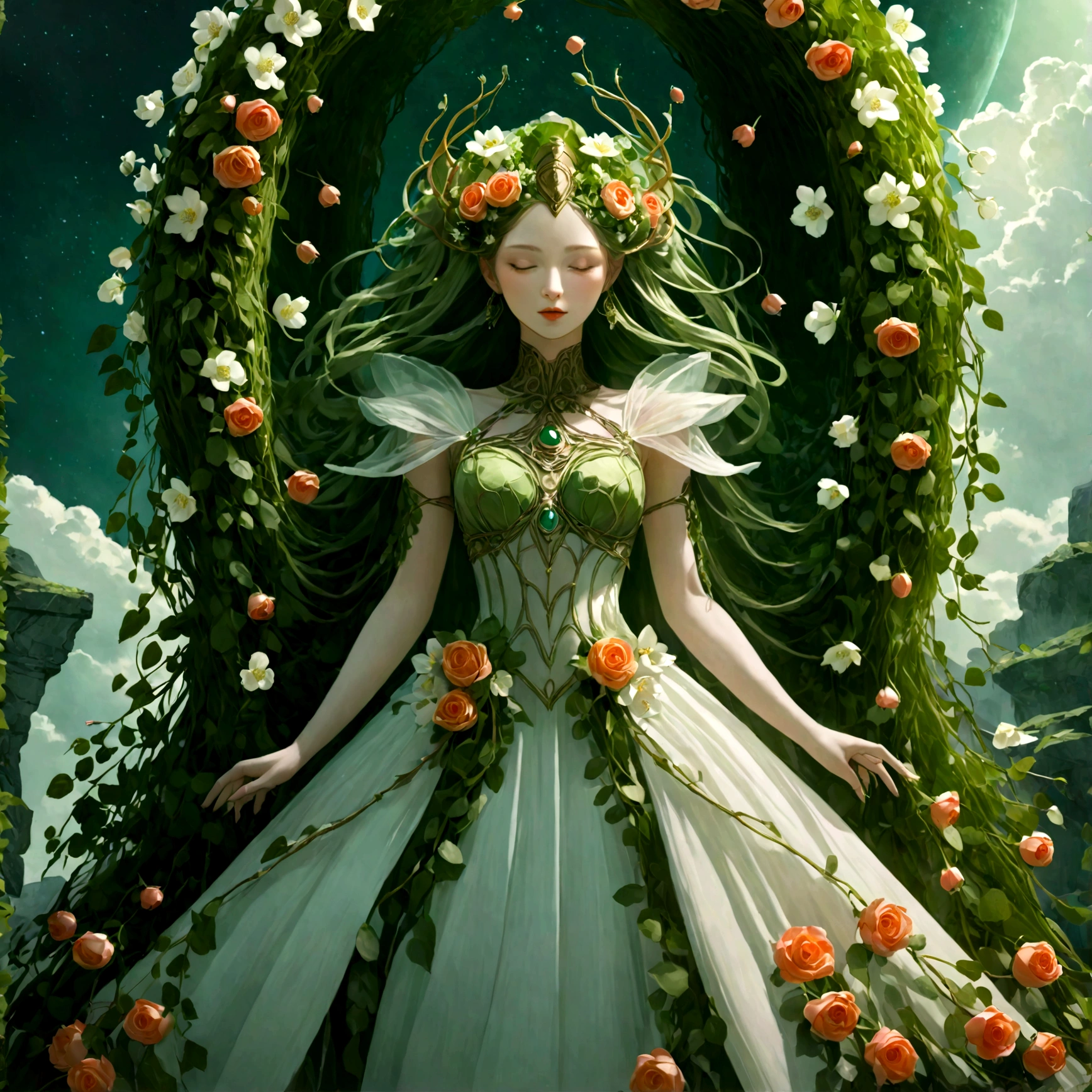 the goddess persephone in a dress made out of greenery and flowers