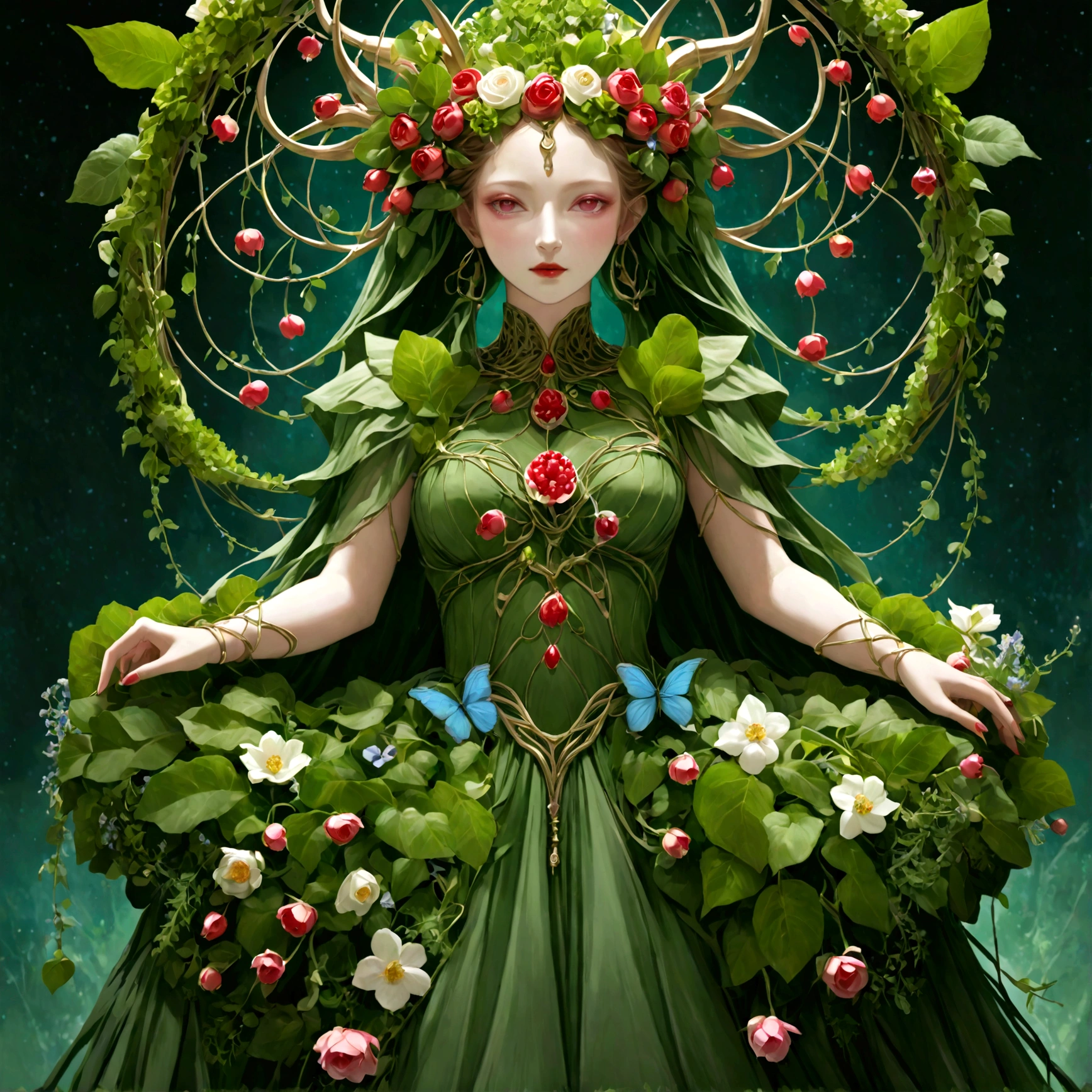 the goddess persephone in a dress made out of greenery and flowers