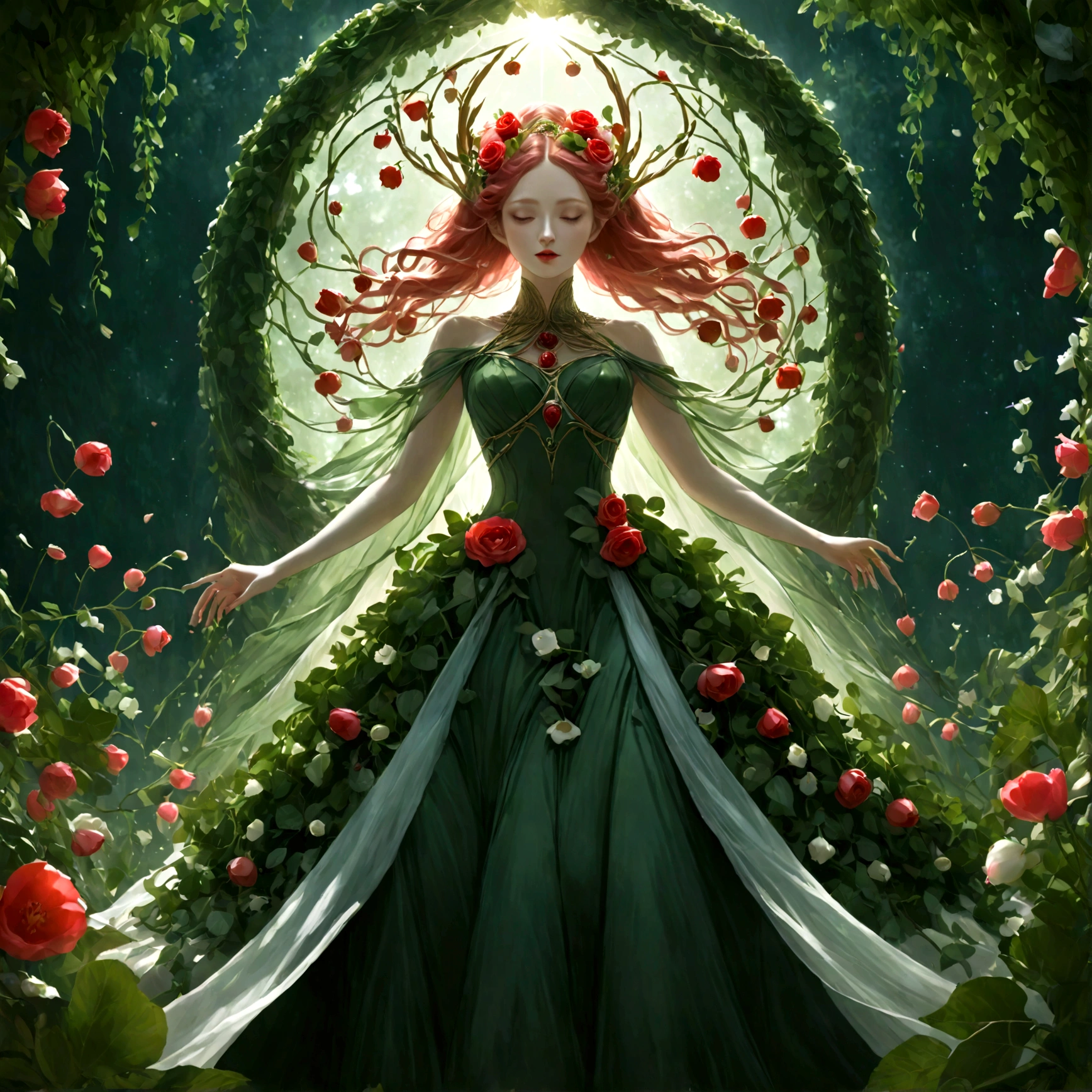 the goddess persephone in a dress made out of greenery and flowers