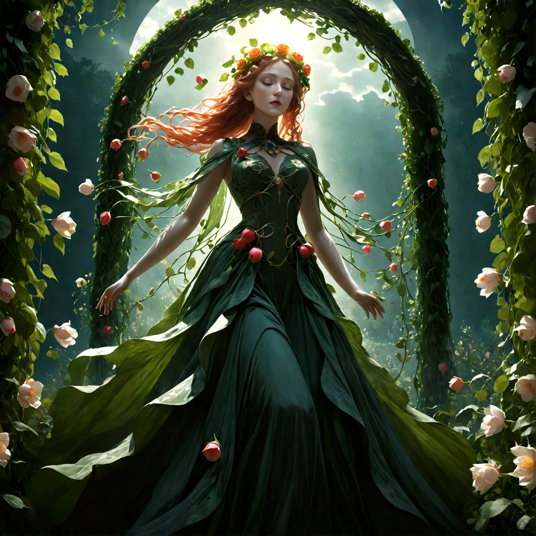 a goddess persephone, elegant intricate floral dress, flowing greenery leaves vines, blooming flowers, lush verdant garden setting, dramatic dramatic lighting, dramatic cinematic atmosphere, hyperrealistic, photorealistic, 8k, ultra-detailed, masterpiece, cinematic lighting, dramatic colors, vivid colors, dramatic shadows, dynamic pose