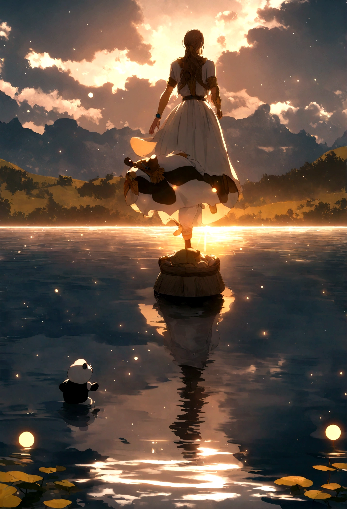 An inspiring ultra-high-definition 3D scene，Mostrando um Panda, Watch yourself reflected in a peaceful lake with Pokémon. Lindamente apresentado，The details are all in place, Veja as bolhas soprando suavemente no ar, Todo mundo tem um bom desejo. Bolhas capturam reflexos do sol poente, Seja um sonhador, magic effect. The overall atmosphere is mild, Full of hope and tranquility