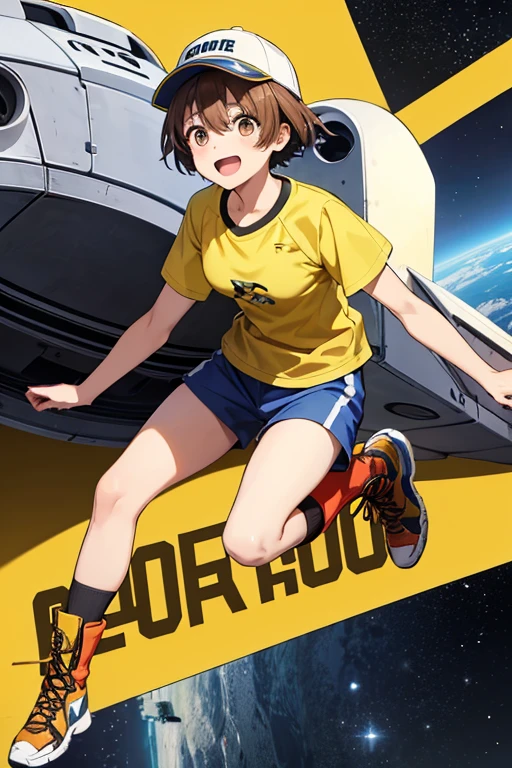 Anime drawings、Full body portrait、Space Sci-Fi Soldier、A female soldier, about 20 years old, about 160cm tall, wearing a yellow T-shirt and shorts, running、Laughing with mouth open、Wearing a cap on his head、Short medium hairstyle、Brown Hair、Brown eyes、sports boots
