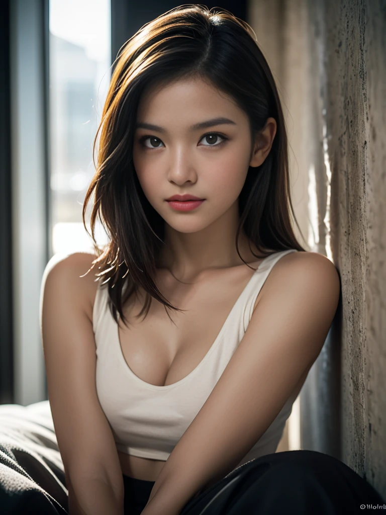 (masterpiece, best quality:1.2), (8k uhd, 16k, 32k, ultra high res), (photorealistic:1.37), (RAW photo), ultimate-realistic, ultimate-realistic details, ultimate-realistic texture, ultimate-intricate details, ultimate-realistic lighting, ultimate-realistic shadow, japanese girl, 24yo, ultimate-cute face, ultimate-RAW skin, ultimate-eyes, hyper-realistic portrait of a captivating woman, The woman is portrayed in a full bright setting, her features bathed in a soft, diffused glow that accentuates the delicate nuances of her expression. The scene features a female, leaning against a wall with her arms raised, eyes closed in a moment of raw emotion. Her attire is minimal, accentuating the curves of her body and the dramatic shadows cast by the lighting. The background is stark, with sharp contrasts highlighting the contours of her form. The blue and black palette intensifies the mood, evoking a sense of mystery and allure. Subtle film grain and meticulous shading add depth and texture, emphasizing the emotional gravity of the scene. The lighting creates a chiaroscuro effect, accentuating her expressive pose and the intense atmosphere, 1girl, upper body, Scandinavia girl, detailed cute smilling face, cute eyes, detailed pure red lips, highly detailed waist medium red wavy hair, sleeping in bed