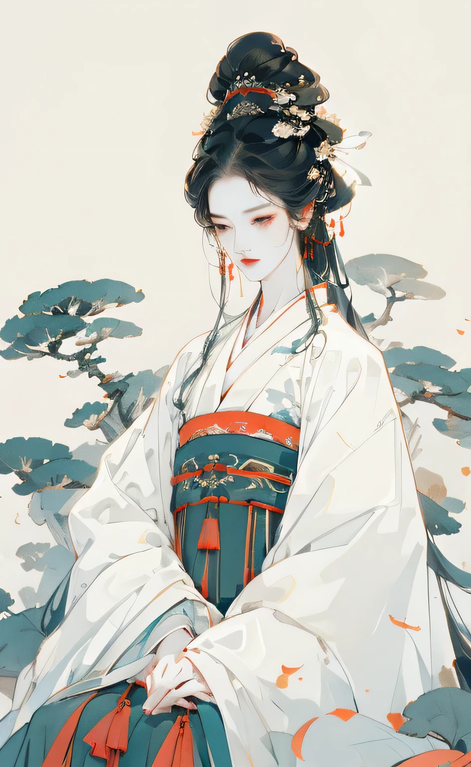 One person wearing white Hanfu，Look up slightly and look into the distance，contour，Simple is good，Indifferent eyes，Perfect face，Perfect hands